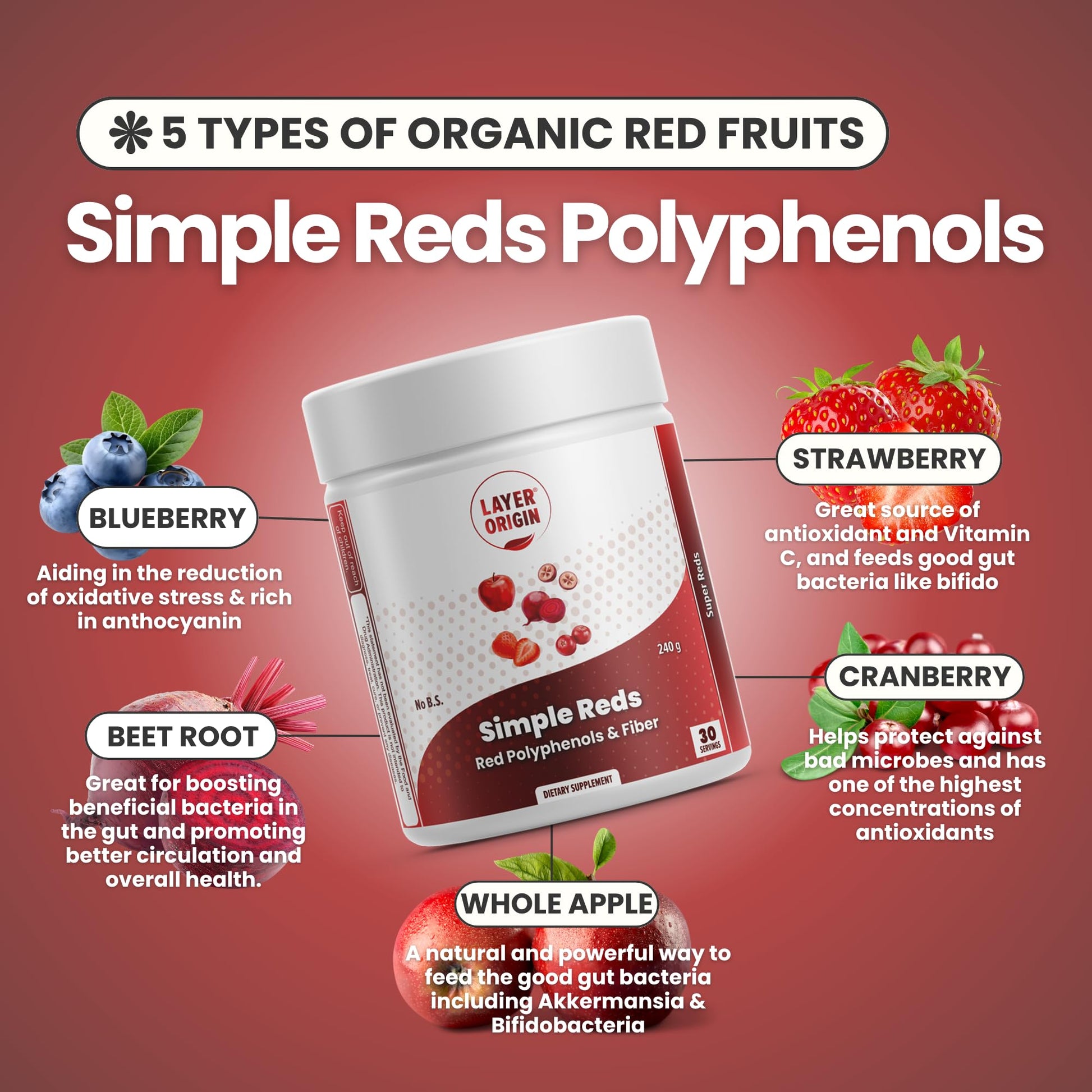 Layer Origin Simple Reds - Organic Red Polyphenols Whole Fruit Powder | Five Real Whole Fruits | 30 Servings Layer Origin Au supplements