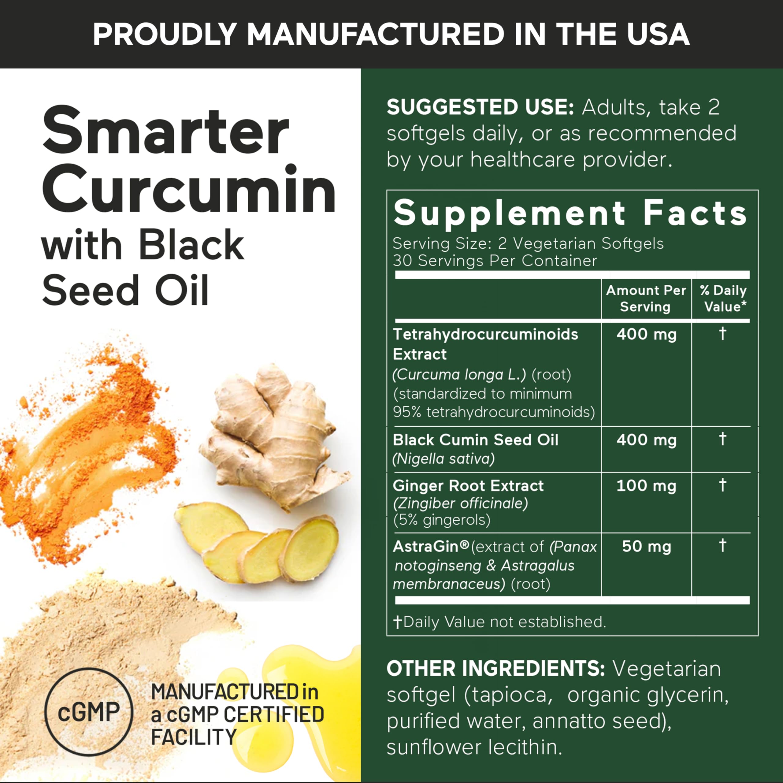 SMARTERNUTRITION Curcumin Softgels - Vegan High Absorption 400 mg Turmeric Supplement + Black Seed Oil & Ginger - 95% Tetrahydrocurcuminoids Non-GMO, USA Manufactured - 60 Ct[30 Servings] SMARTERNUTRITION Au supplements