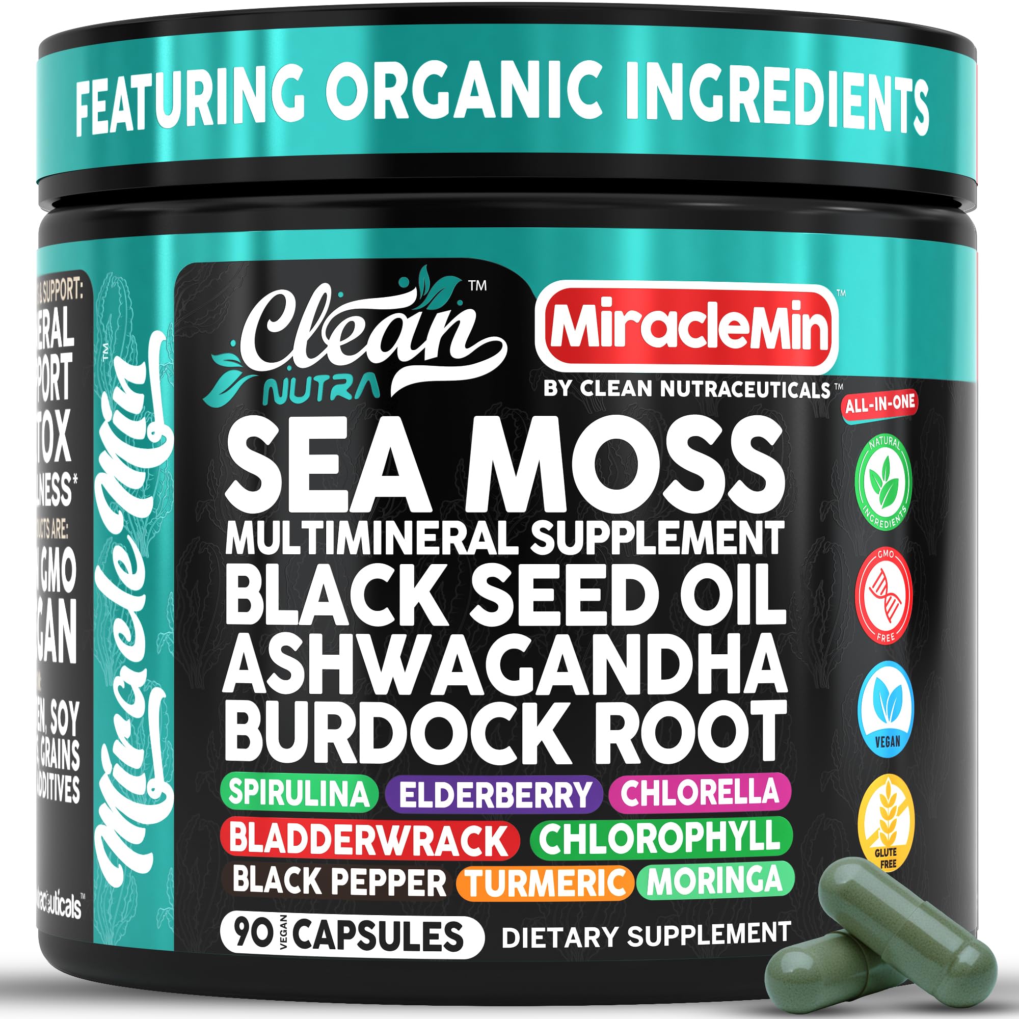 Clean Nutra Organic Sea Moss Capsules with Ashwagandha, Black Seed Oil, Burdock Root, Bladderwrack, Moringa, Chlorella, Spirulina, Turmeric, Elderberry, Amla – 90 Vegan Capsules – MiracleMin Clean Nutraceuticals Au supplements