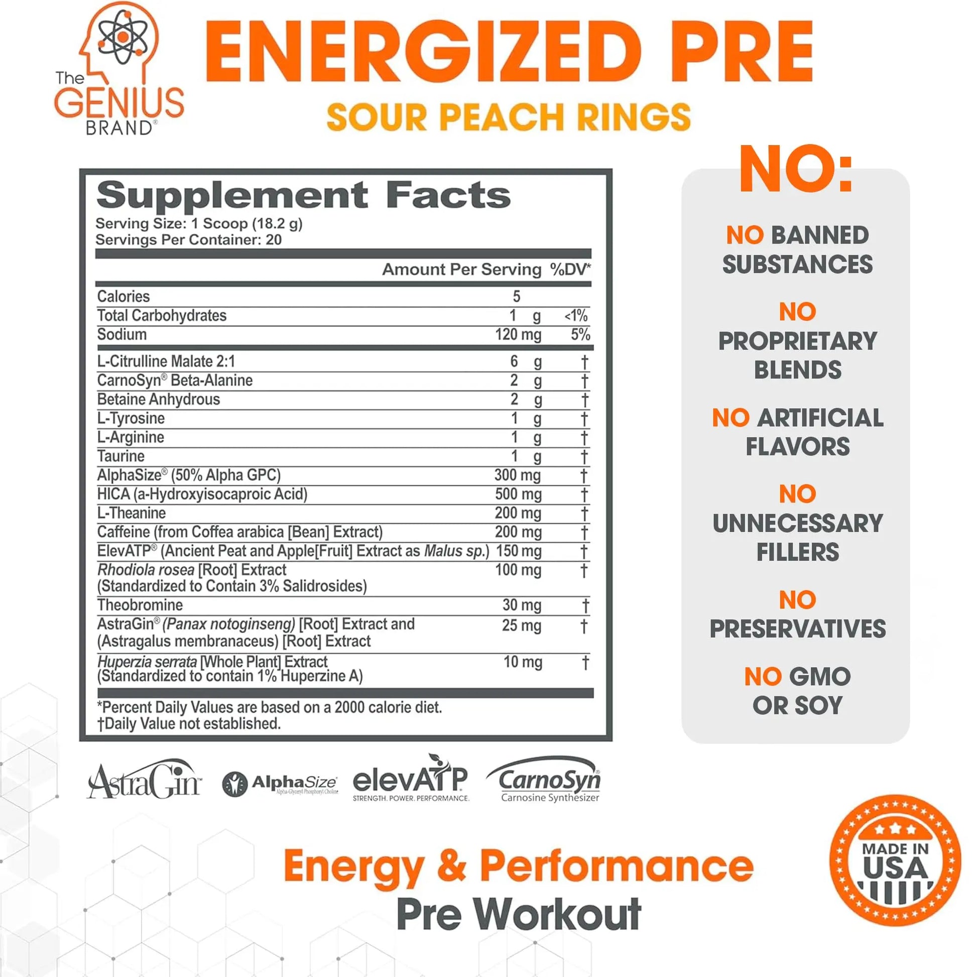 Genius Energized Pre Workout Powder – Caffeine Infused Pre-Workout Booster Supplement with Beta Alanine & Alpha GPC, No Artificial Sweeteners or Dyes - 200mg Caffeine, 20 Servings, Sour Peach Rings The Genius Brand Au supplements