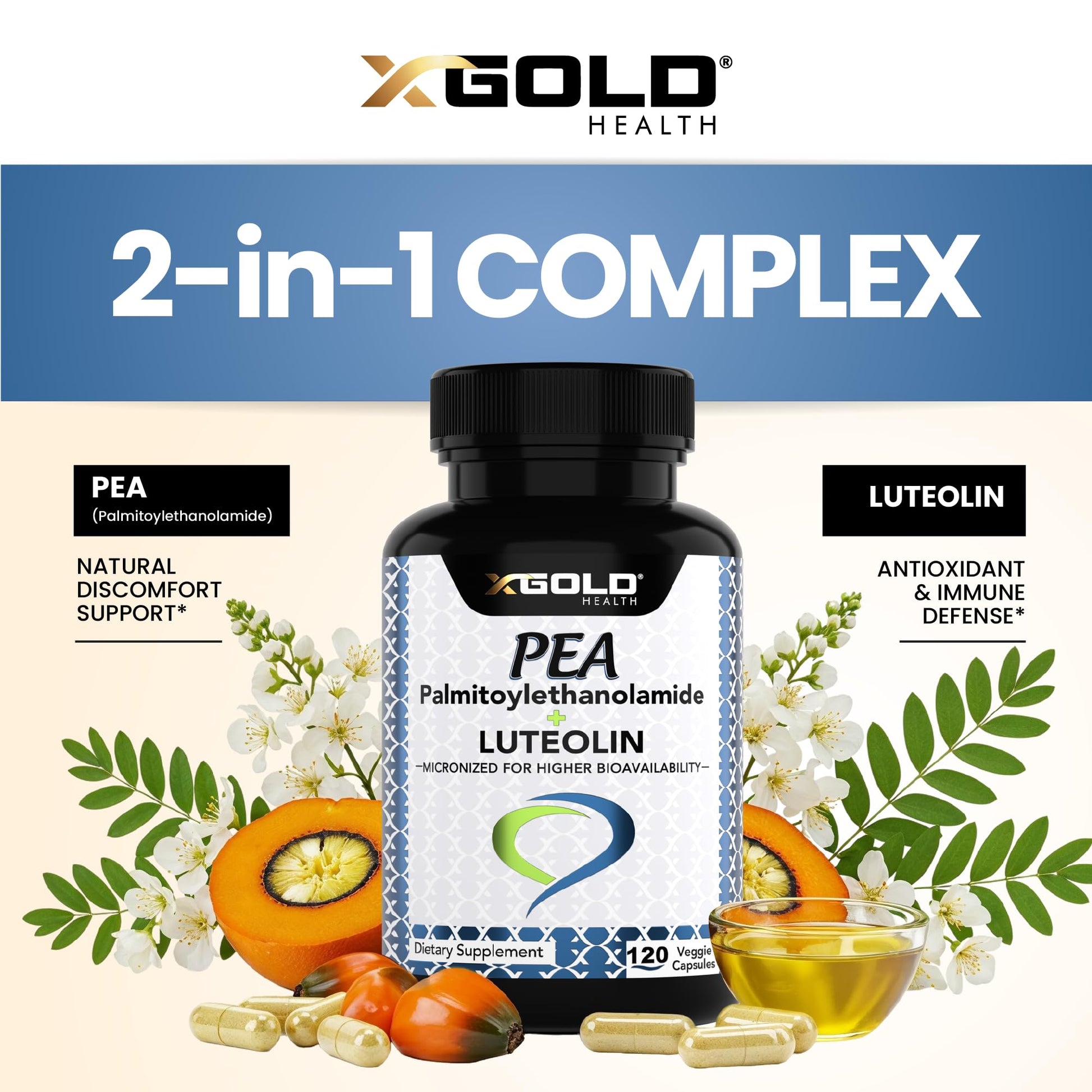 Palmitoylethanolamide 630 mg + Luteolin Standardized 98%- Micronized Pea 99% Highly Purified and Bioavailable - Made in USA - Supplement for Men and Women - 120 Veggie Capsules X Gold Health Au supplements