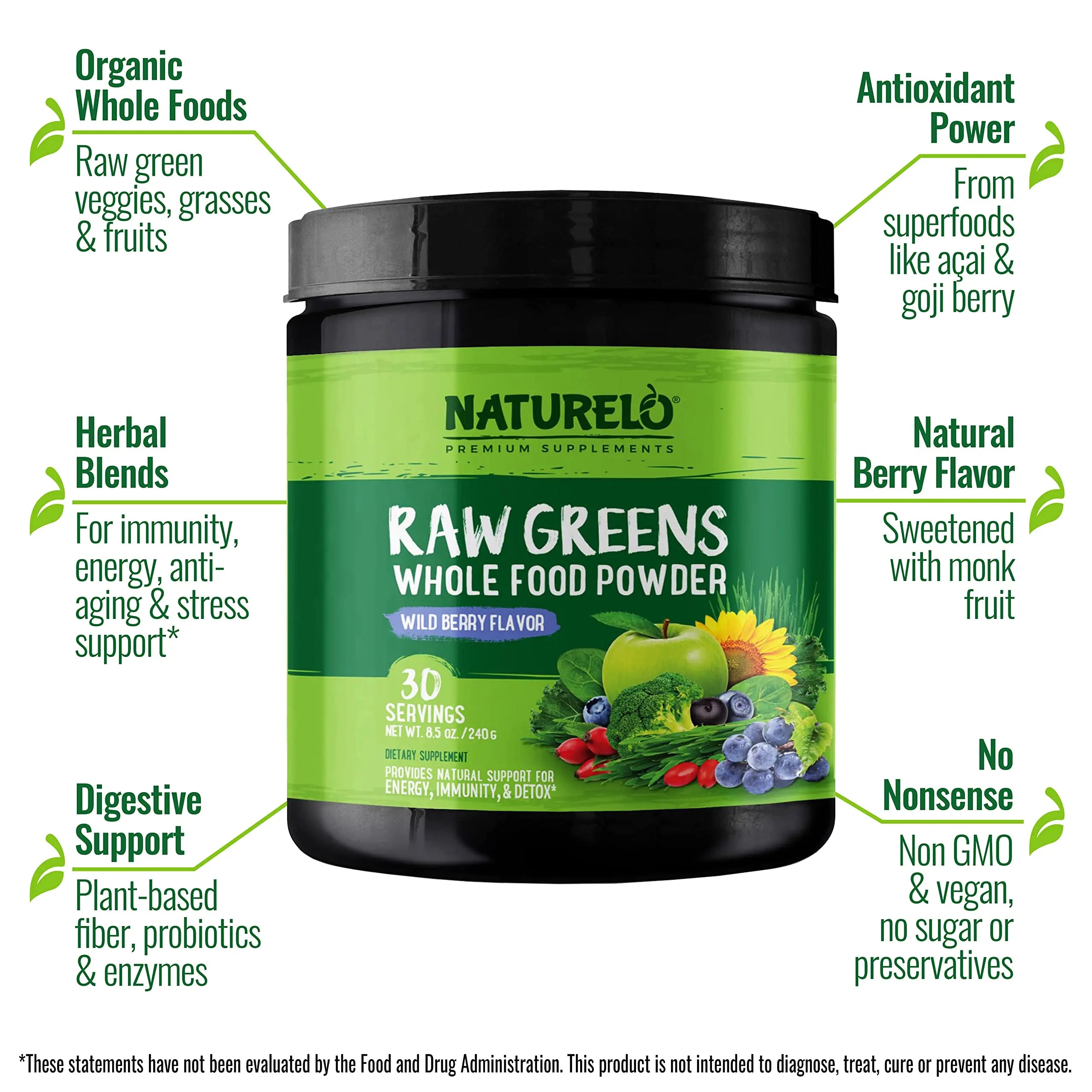 NATURELO Raw Greens Superfood Powder - Wild Berry Flavor - Boost Ener NATURELO Au supplements