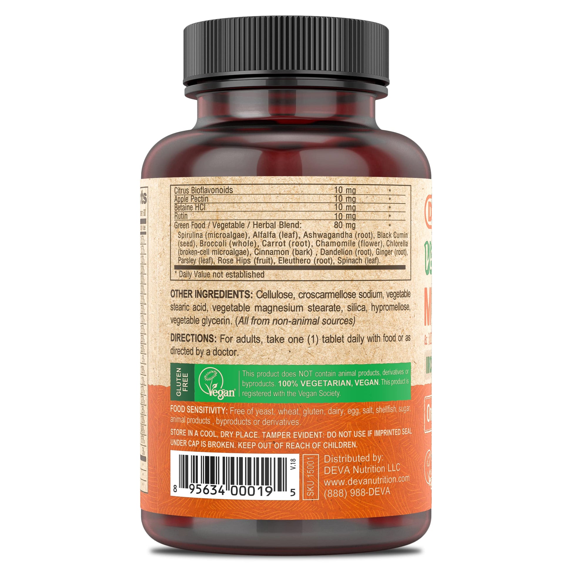 DEVA Vegan Iron-Free Multivitamin & Mineral Supplement, Green Food Blend, Spirulina, Chlorella, Ashwagandha, Broccoli, 90 Coated Tablets DEVA Au supplements