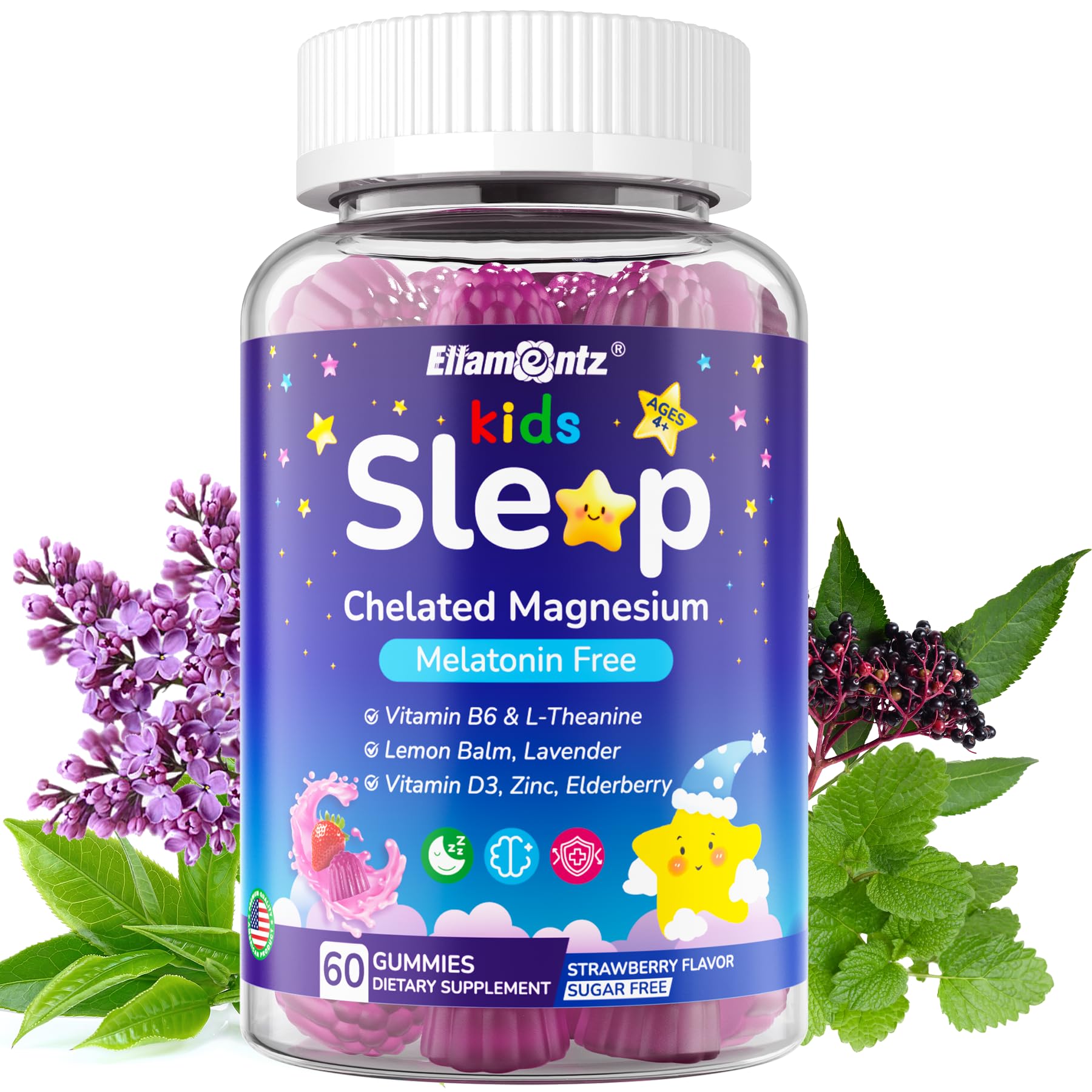Kids Sleep Gummies, NO Melatonin Sleep Aid Gummies w/ Magnesium Glycinate, Magnesium Malate, L-Theanine, Lavender, B6, Zinc, D3K2 for Restful Sleep, Relax Brain & Muscle, Immune Support, Non-GMO 1Pack ELLAMENTZ Au supplements