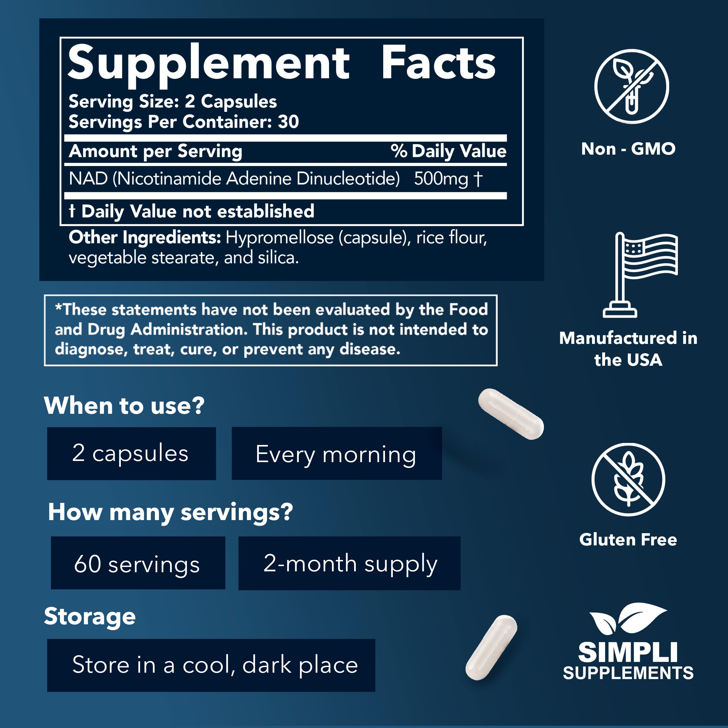 NAD Supplement for Anti-Aging and Cell Regeneration | NAD Booster 500mg Per Serving | NMN Supplement Alternative | Similar to Nicotinamide Riboside | 120 Capsules (2 Month Supply) Simpli Supplements Au supplements