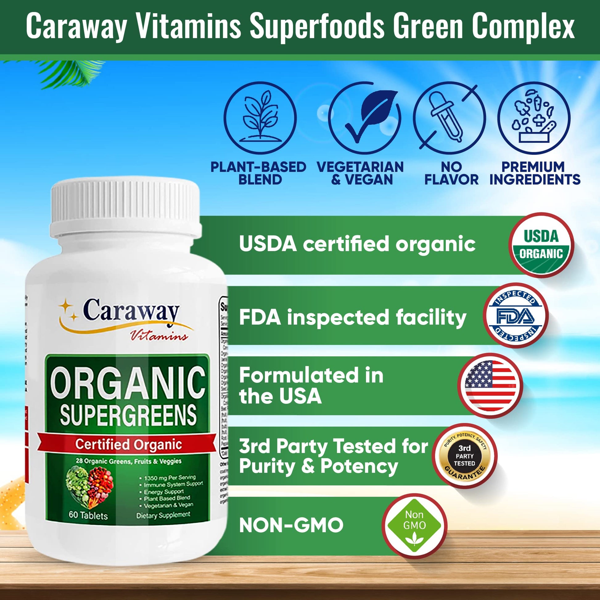 Organic Superfoods Vitamins Super Greens Complex by Caraway Vitamins 1,350 mg per Serving 28 Fruits Vegetables Greens 60 Count Tablets Non-GMO Natural for Men & Women Caraway Vitamins Au supplements