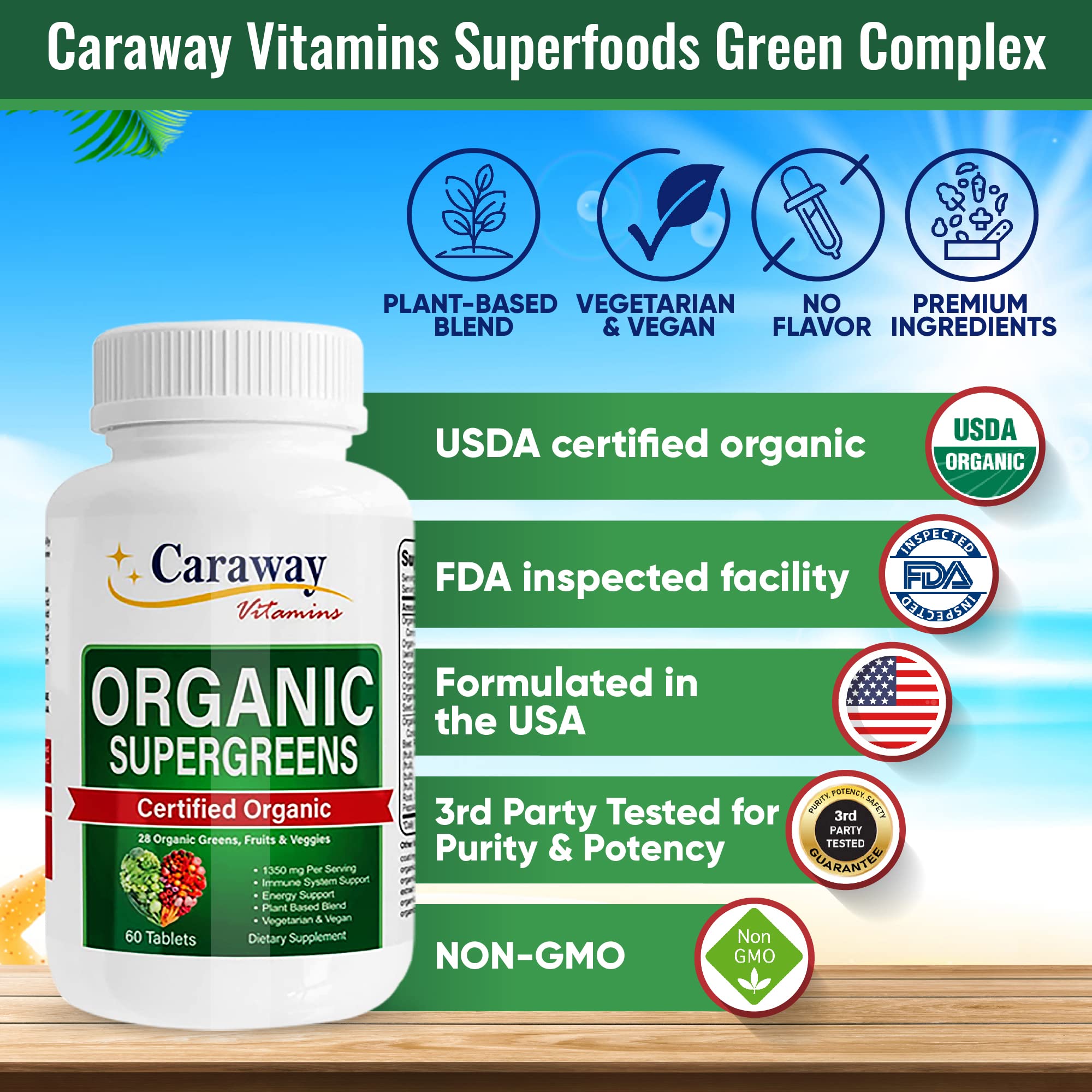 Organic Superfoods Vitamins Super Greens Complex by Caraway Vitamins 1,350 mg per Serving 28 Fruits Vegetables Greens 60 Count Tablets Non-GMO Natural for Men & Women Caraway Vitamins Au supplements