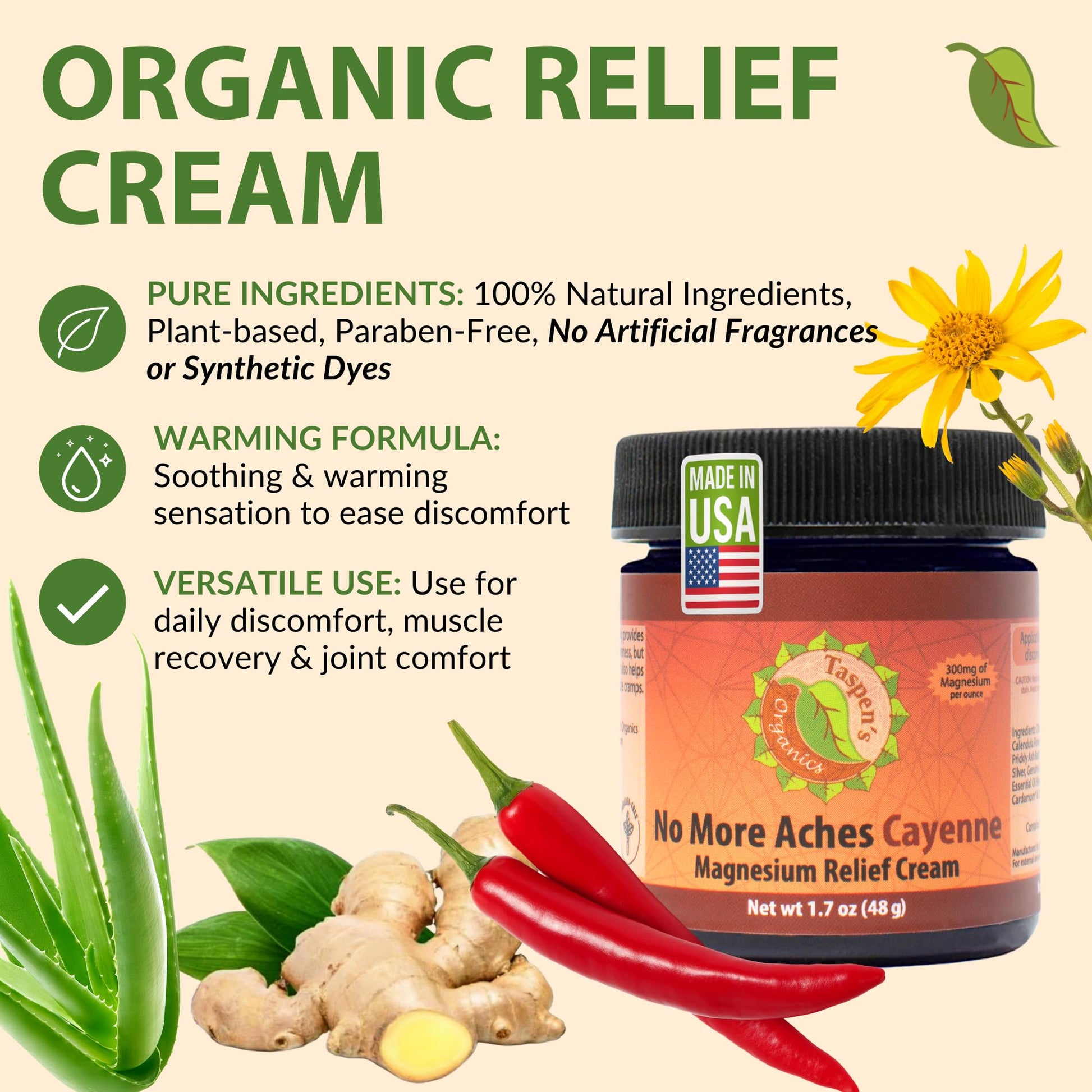 Taspen's Organics Magnesium No More Aches Cayenne Relief Cream – Pain, Tension & Nerve Comfort – Muscle Relief – Warming with Cayenne, Ginger, Arnica & St. John's Wort – Topical Fast Relief (1.7 oz) Taspen's Organics Au supplements