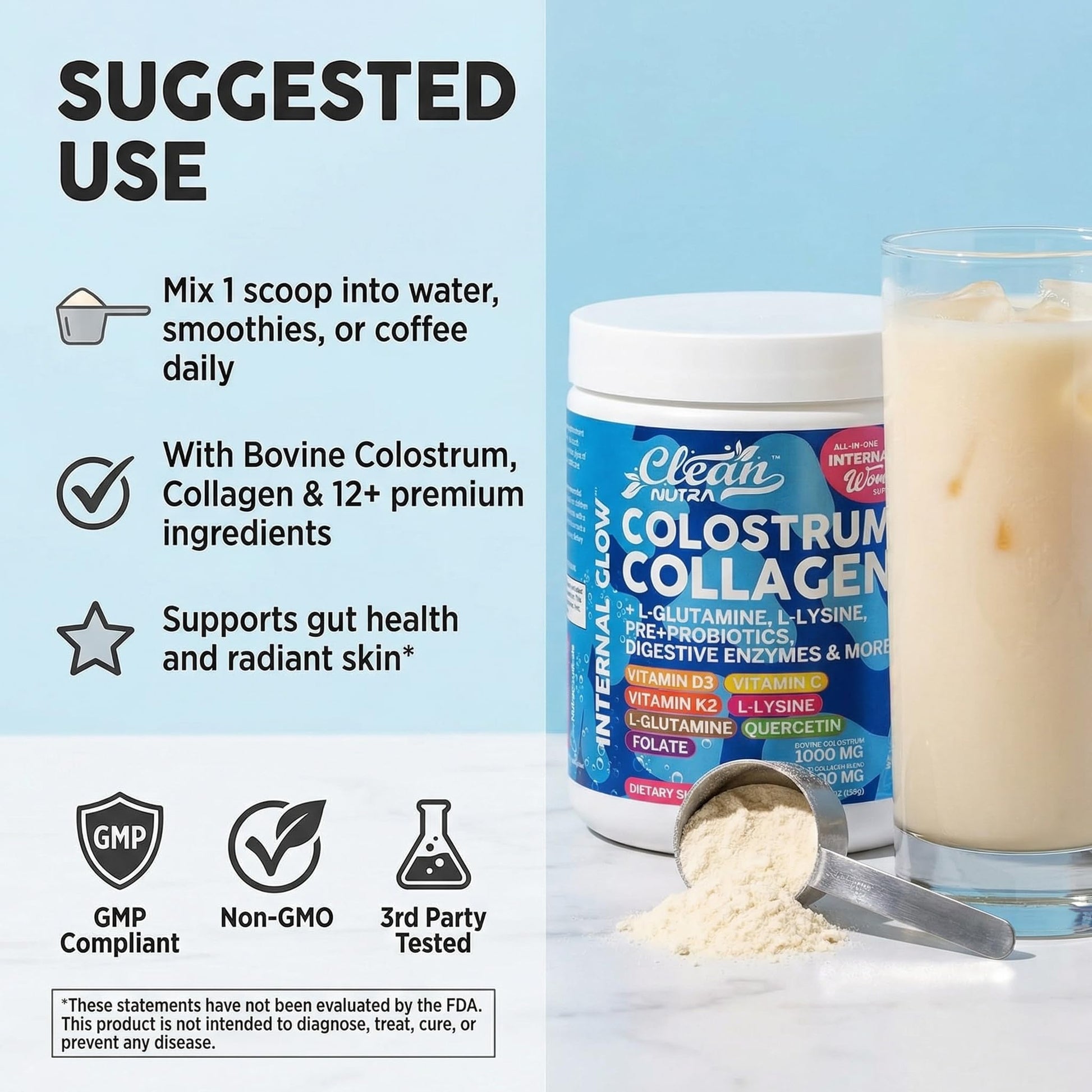 Bovine Colostrum Powder + Collagen Peptides with L-Glutamine L-Lysine Prebiotics Probiotics Digestive Enzymes Vitamin D K2 C Quercetin & Folate | Gut Health Supplement Internal Glow By Clean Nutra Clean Nutraceuticals Au supplements