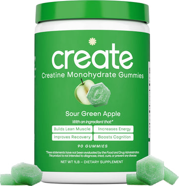 Create Creatine Monohydrate Gummies for Men & Women, Boost Focus, Strength, and Endurance, Anti-Melting Formula, Vegan, Gluten-Free, Non-GMO, 1.5g of Creatine per Gummy (Sour Green Apple) Create Au supplements