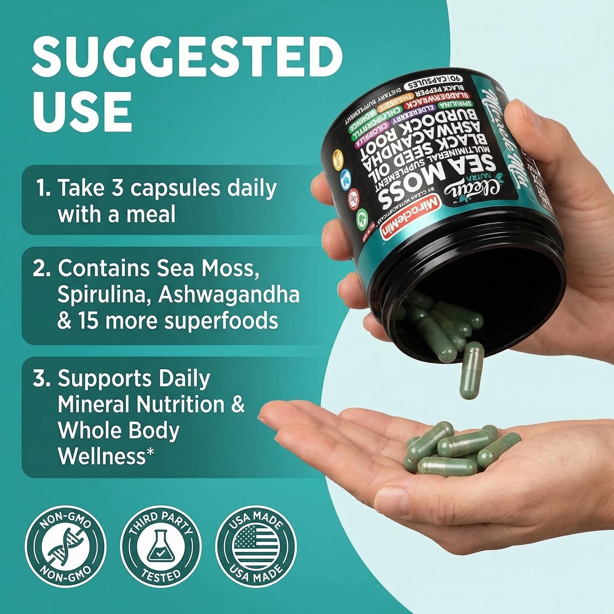Clean Nutra Organic Sea Moss Capsules with Ashwagandha, Black Seed Oil, Burdock Root, Bladderwrack, Moringa, Chlorella, Spirulina, Turmeric, Elderberry, Amla – 90 Vegan Capsules – MiracleMin Clean Nutraceuticals Au supplements
