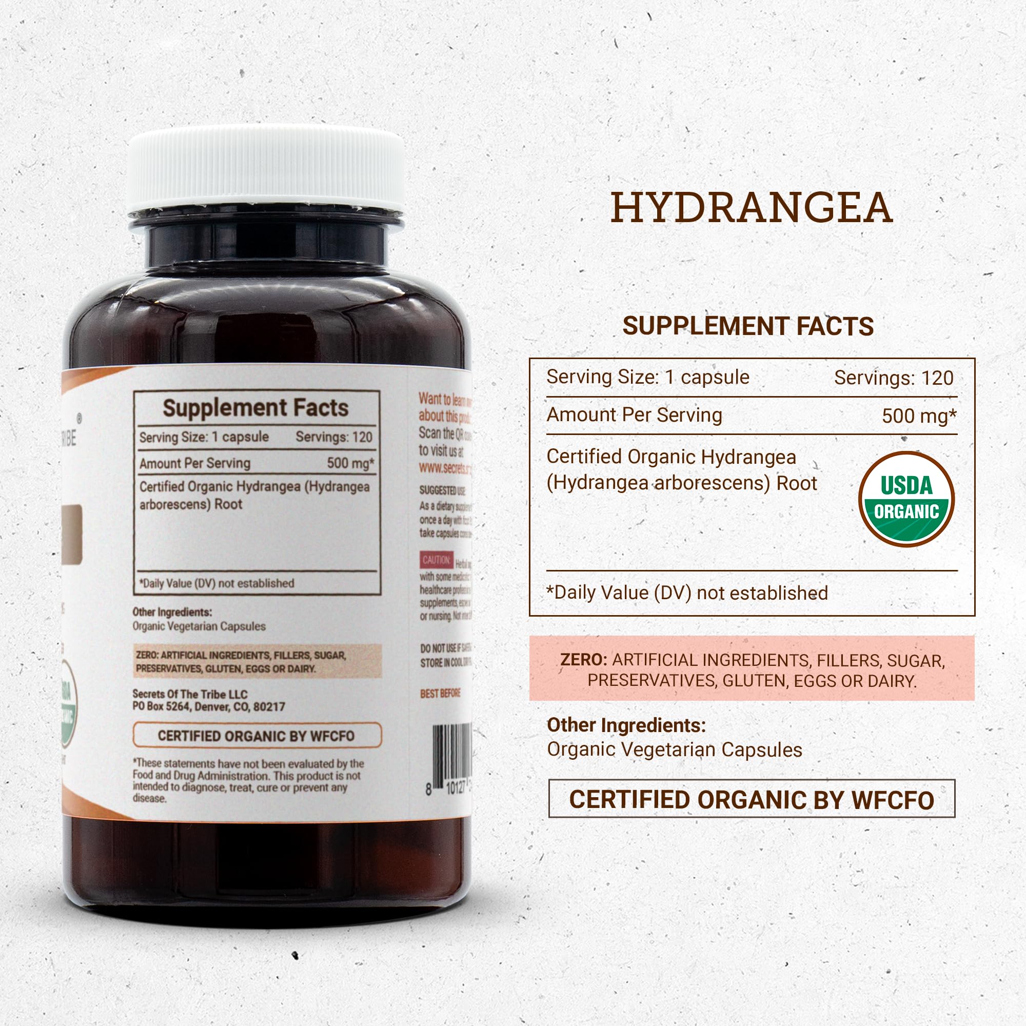 Secrets of the Tribe Hydrangea USDA Organic Capsules | Certified Organic Vegetarian Capsules, Herbal Dietary Supplement | Hydrangea arborescens Dried Root (120 Count) Secrets of the Tribe Au supplements