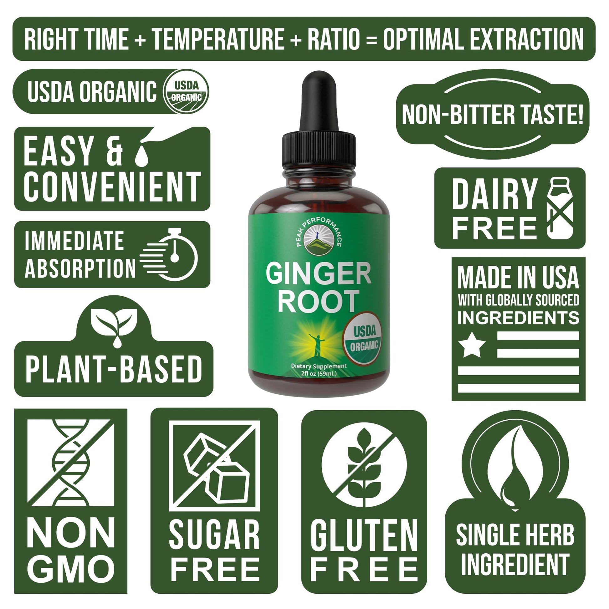 USDA Organic Ginger Root Extract Liquid Drops. Zero Sugar, Non Bitter Vegan Ginger Oil Supplement for Immune, Digestive + Gut Support. High Bioavailability, Gluten Free for Women and Men. Take Orally Peak Performance Au supplements