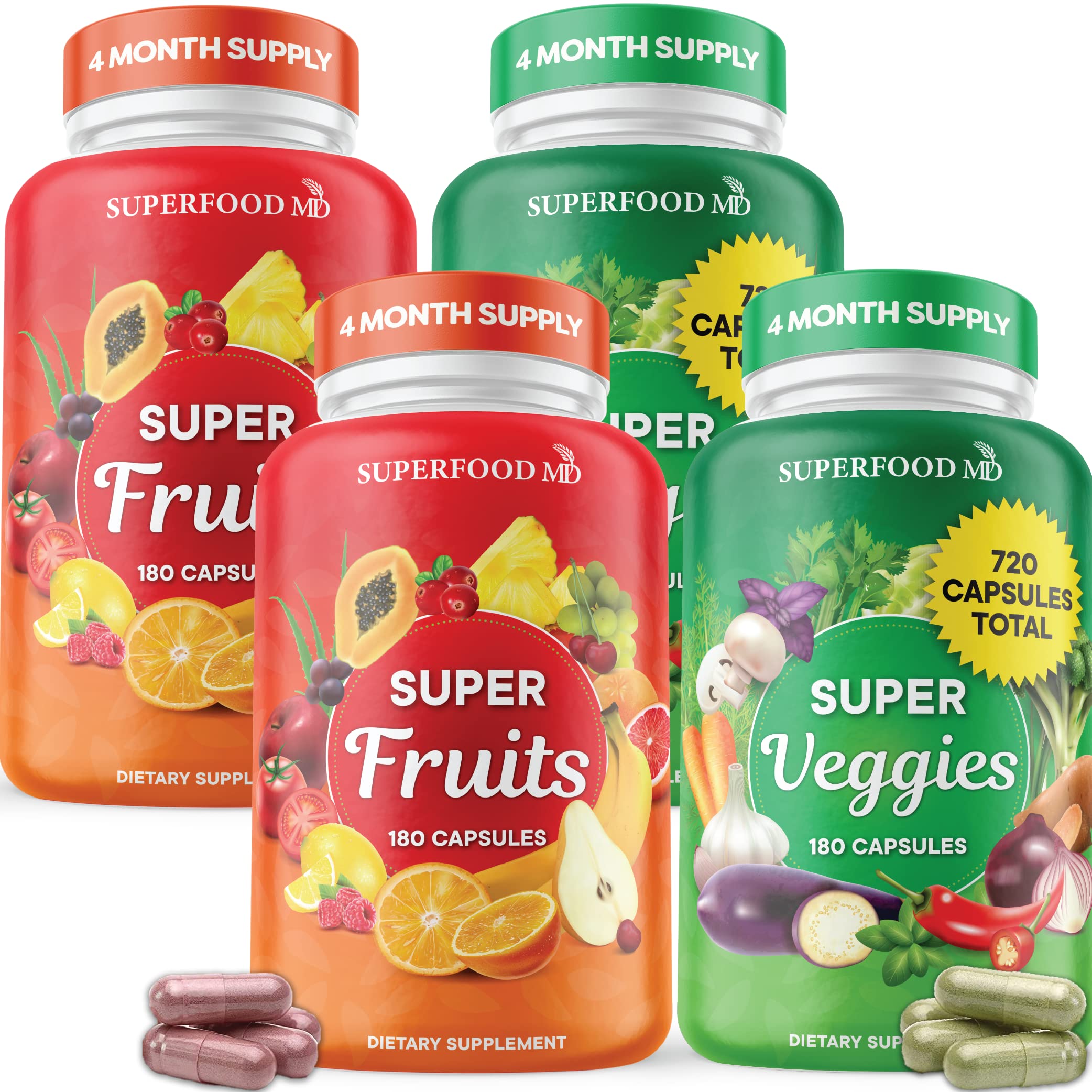 Superfood Fruit and Veggie Supplement - Fruit and Veggie Capsules 100% Whole Super Fruits and Super Vegetables Supplements & Vitamins, with Beta Carotene (720 Count (Pack of 4)) Superfood MD Au supplements