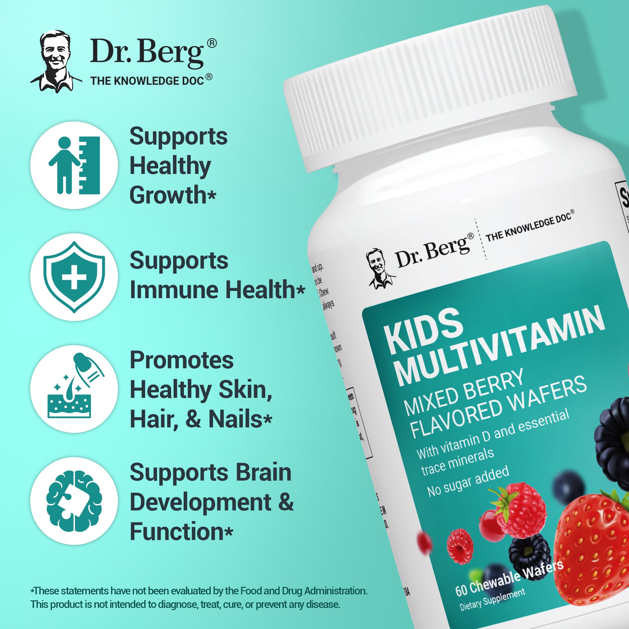 Dr. Berg Kids Chewable Multivitamins (NOT Sweetened w/Sugar) - Daily Multivitamin for Kids that Includes 20 Nutrients & Trace Mineral Complex - Mixed Berry Chewable Vitamins for Kid - Red Wafers Dr. Berg Nutritionals Au supplements