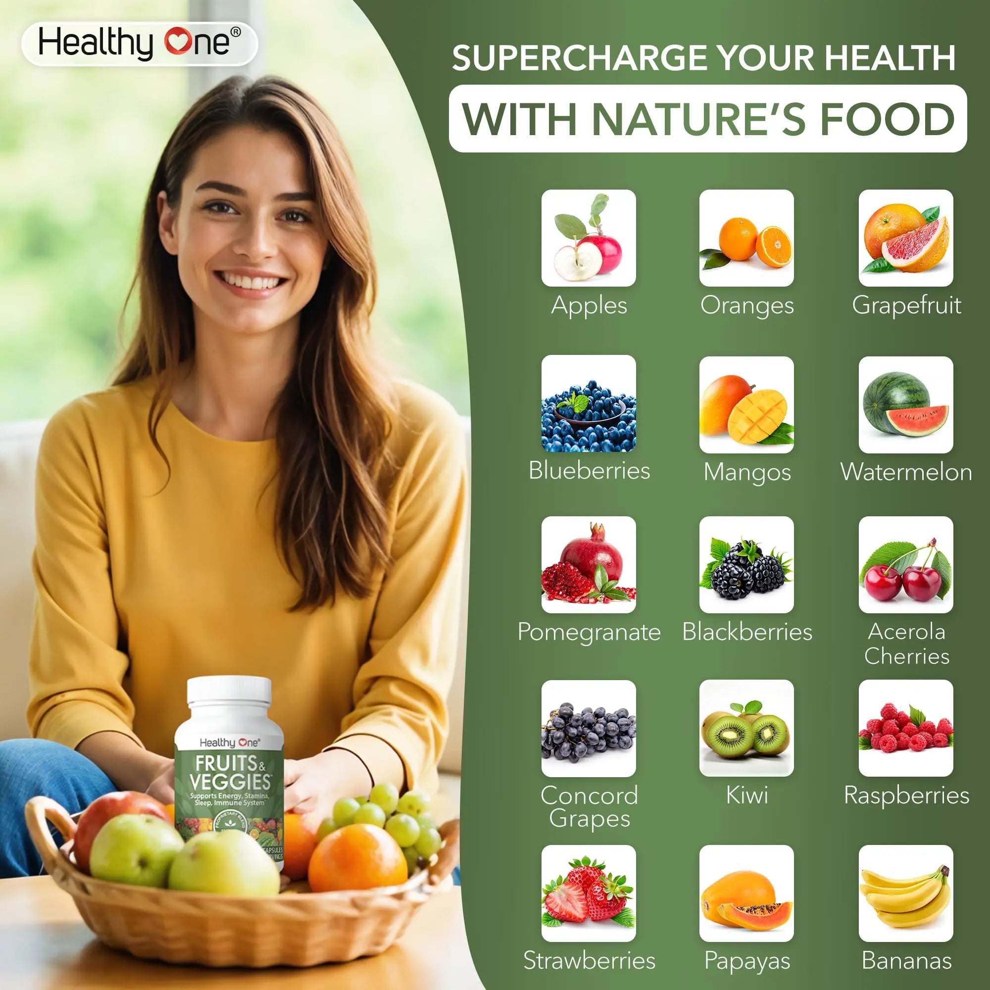 Fruits & Veggies Formula - 27 Premium Whole Foods - Organic Ingredients - Equals 3 Servings of Fruits & Vegetables - Improve Energy, Focus & Immune Function - Fiber - Antioxidants - 120ct (60 Serv) Healthy One Au supplements