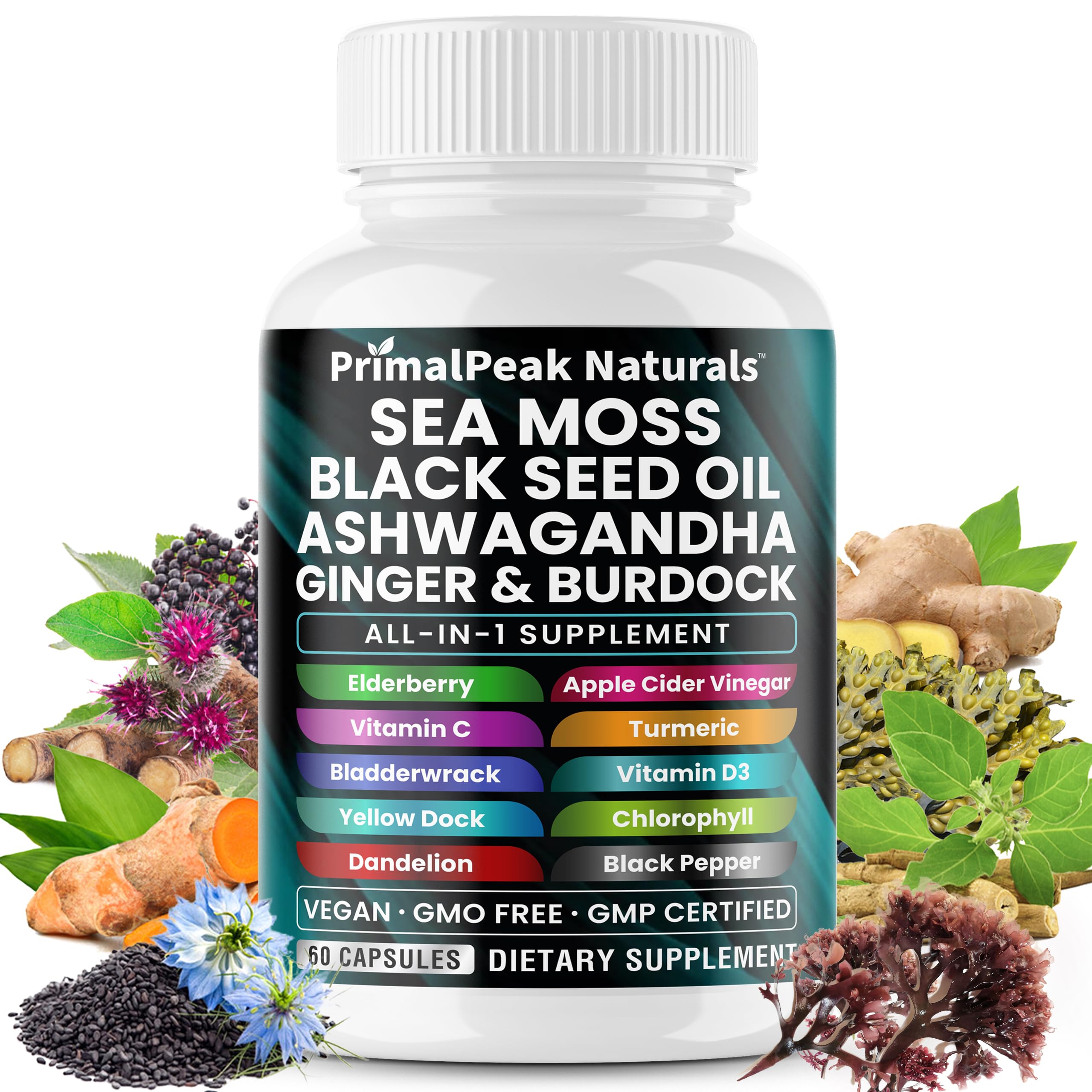 PrimalPeak Naturals Sea Moss Black Seed Oil Ashwagandha Ginger Burdock Bladderwrack Turmeric & Vitamin C Vitamin D3 with ACV Elderberry Chlorophyll Dandelion Yellow Dock Vegan Capsules - 60 Count PrimalPeak Naturals Au supplements