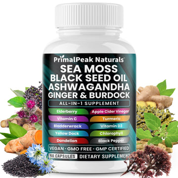 PrimalPeak Naturals Sea Moss Black Seed Oil Ashwagandha Ginger Burdock Bladderwrack Turmeric & Vitamin C Vitamin D3 with ACV Elderberry Chlorophyll Dandelion Yellow Dock Vegan Capsules - 60 Count PrimalPeak Naturals Au supplements