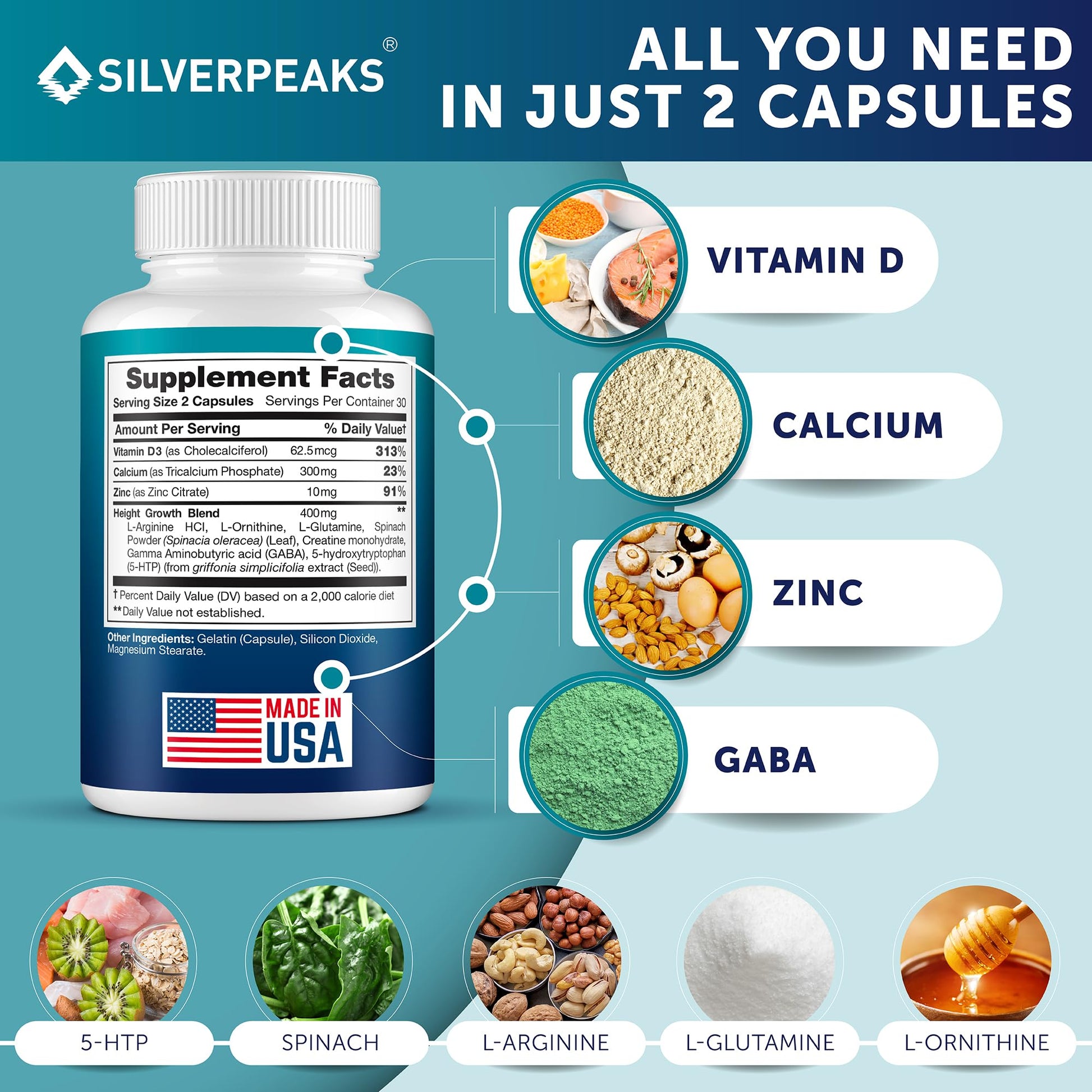 Calcium Supplement with Vitamin D3 and Zinc for Bone Health – Supports Bone Strength & Density – Gentle Non-Constipating Mineral & Amino Acids Blend for Women & Men - 60 Capsules (30 Day Supply) SILVERPEAKS Au supplements