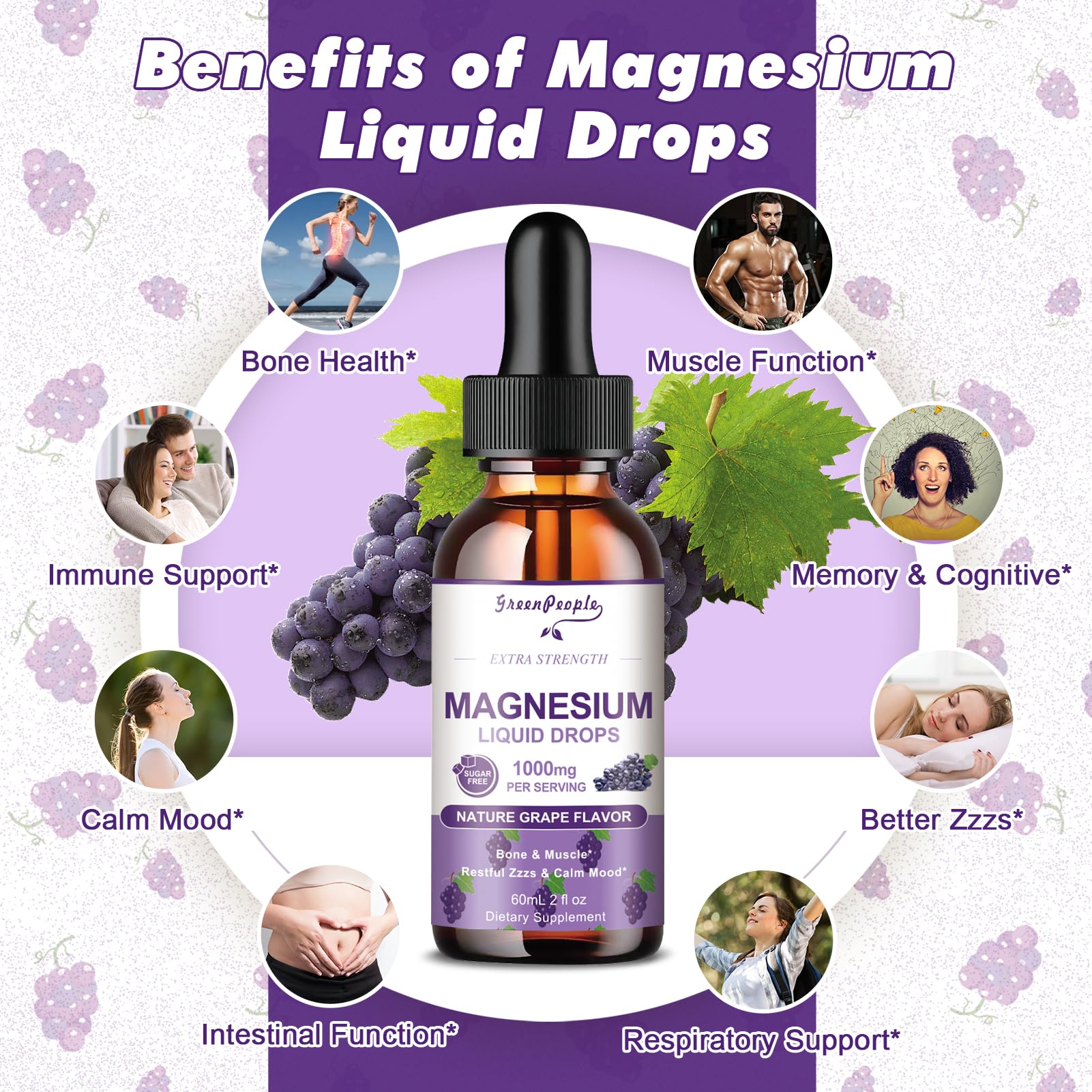 GREENPEOPLE Magnesium Glycinate Liquid Drops - 1000mg 5-in-1 High Absorption Liquid Magnesium for Sleep with D3/K2/B6 | Fast-Acting, Bone, Muscle & Sleep | Sugar-Free Grape Flavor, 2fl Oz GREENPEOPLE Au supplements