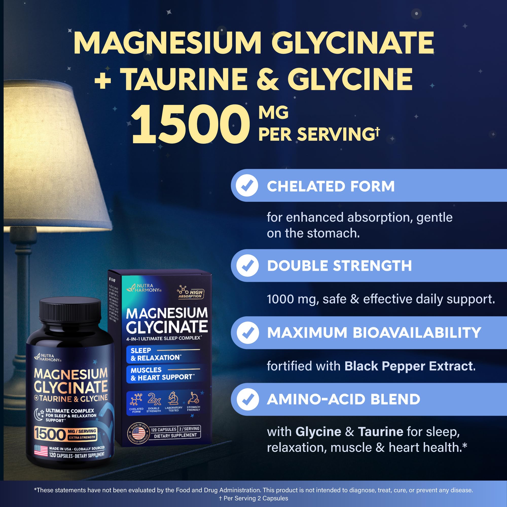 Magnesium Glycinate - Sleep & Relaxation Support - Extra Strength Glycinate, Glycine & Taurine 1500 mg - Magnesium Supplement for Women & Men - Chelated & High Absorption - Made in USA - 120 Capsules NUTRAHARMONY Au supplements
