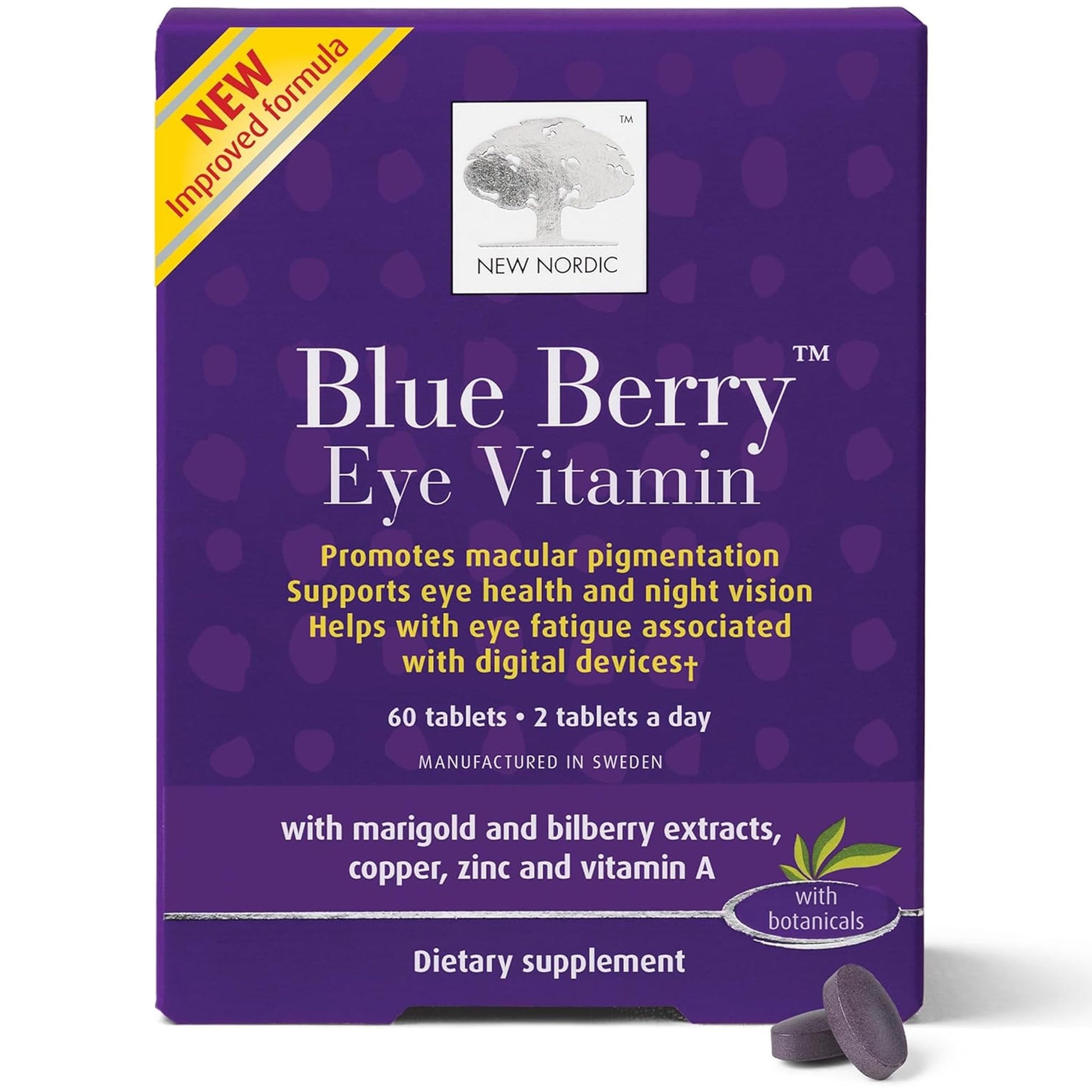 NEW NORDIC Blue Berry Eye Vitamin Lutein Supplement with Zinc, Supports Macular Pigmentation, Eye & Vision Function, 60 Tablets (Pack of 1) NEW NORDIC Au supplements