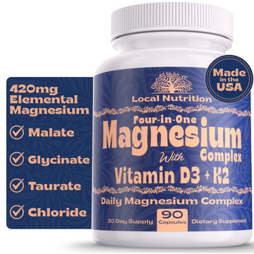 Local Nutrition Magnesium Complex 420mg with Vitamin D3 K2 - Four Bioavailable Forms Including Bisglycinate (Glycinate), Malate, Taurate, and Chloride for Superior Absorption - 90 Capsules Made in USA Local Nutrition Au supplements