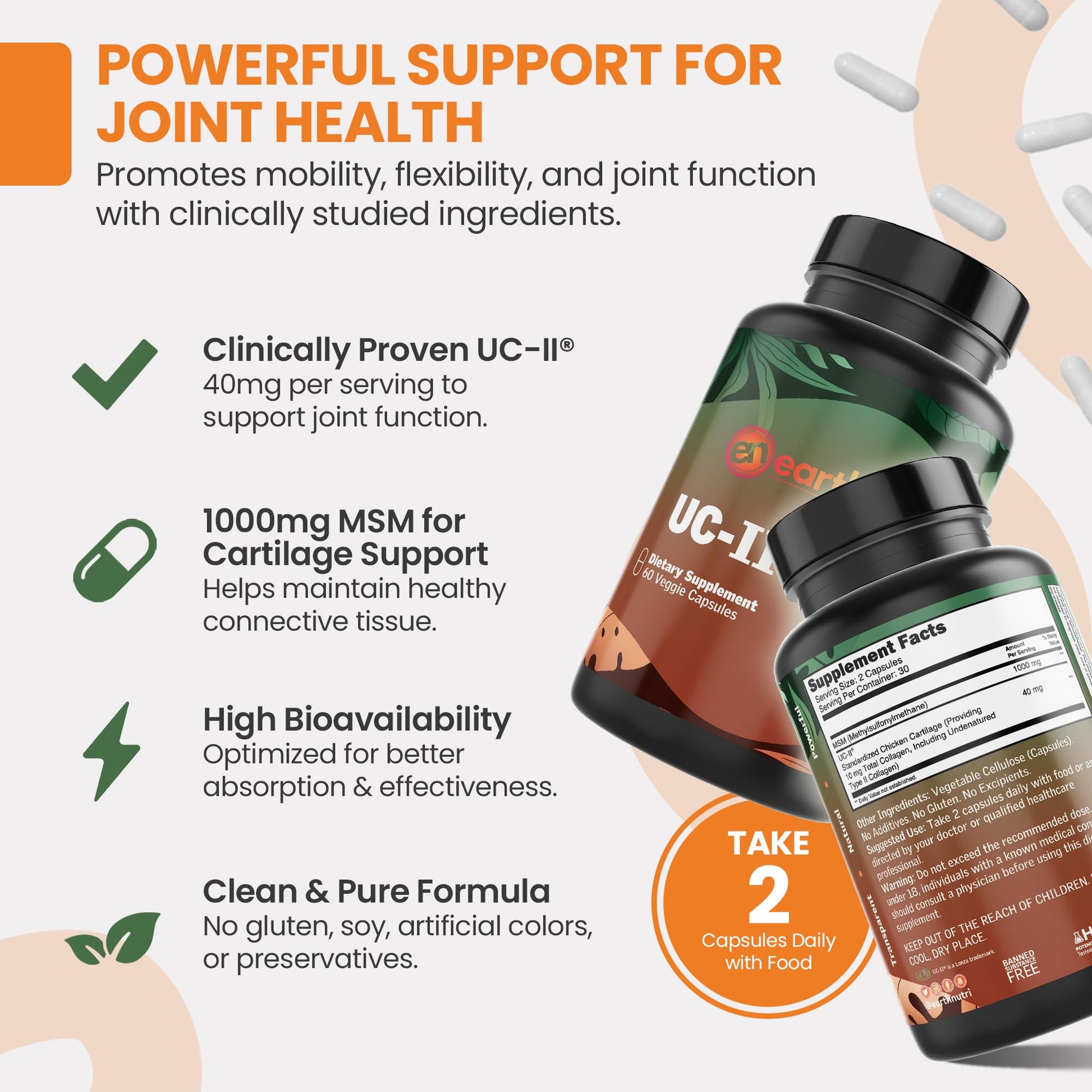 EarthNutri UC-II Collagen & MSM Supplement for Bone Health and Joint Flexibility Joint Supplement - 40mg UC-II Providing 10mg Total Collagen & 1000mg MSM - 60 Capsules (2 Caps Daily) EarthNutri Au supplements