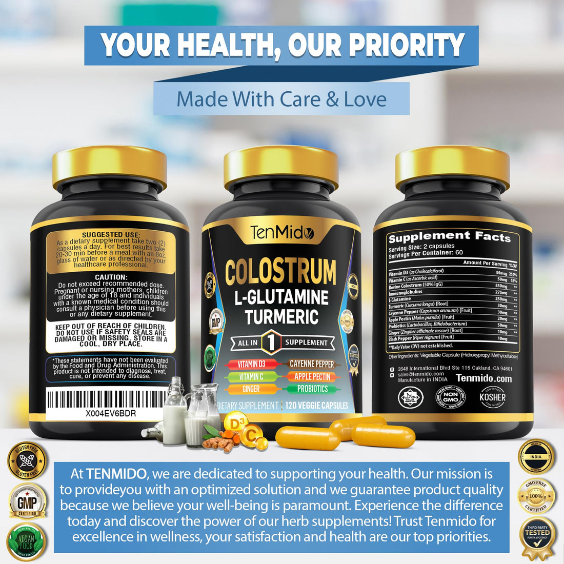 Tenmido Colostrum Supplement - 10in1 Formula - Combine with L- Glutamine, Turmeric, Cayenne Pepper, Apple Pectin, Probiotics, Ginger, and More - Digestive Health, Immune Support - 120 Capsules Tenmido Au supplements