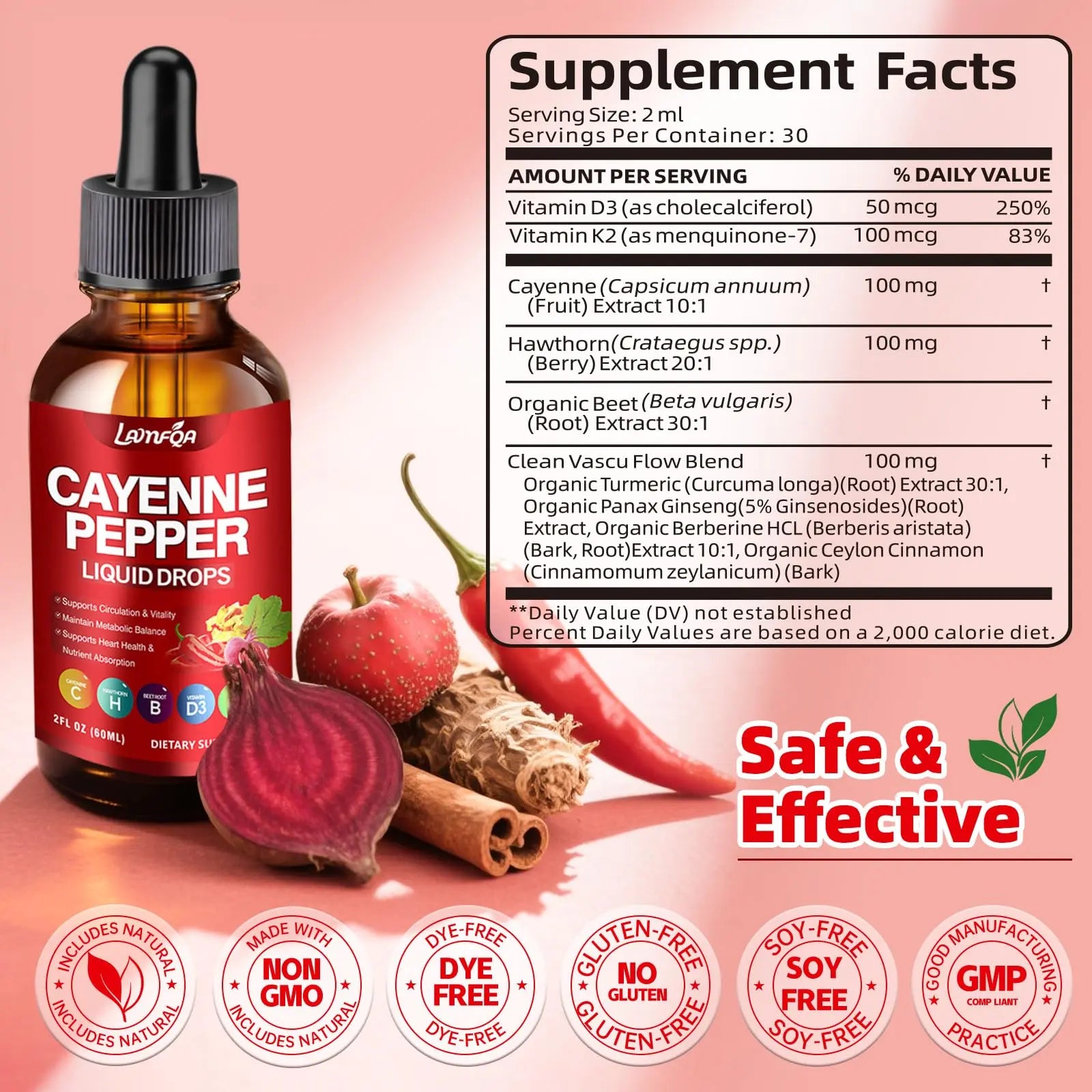 Cayenne Pepper Liquid Drops - Potent Blend with Hawthorn Berry, Turmeric Curcumin, Vitamin D3 K2, Beet Root & Panax Ginseng - Vegan, Non-GMO, High Absorbed Gentle Formula - 2 OZ LAMFQA Au supplements