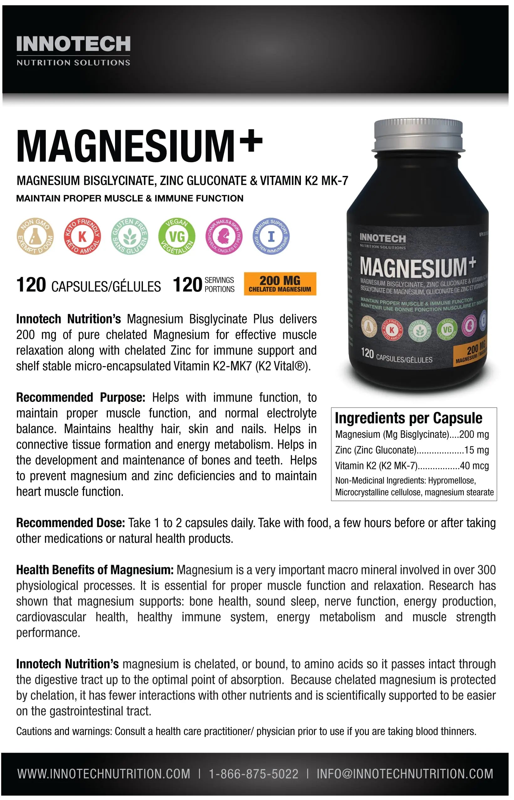 Innotech Nutrition Magnesium Plus Muscle Bone & Sleep Support Magnesium Bisglycinate Zinc & Vitamin K2 120 Vegan Capsules Innotech Nutrition Solutions Au supplements