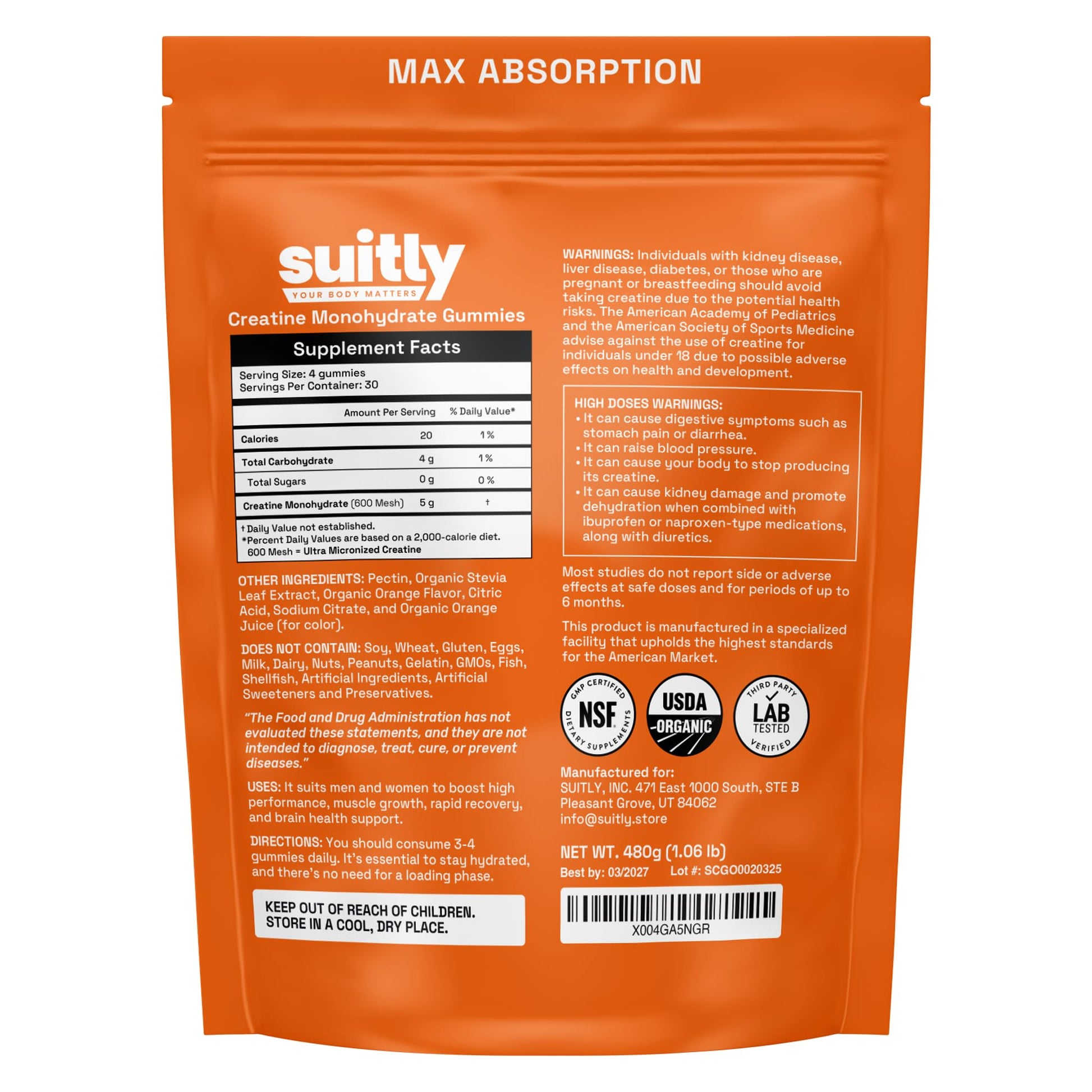 USDA Organic Ultra-Micronized Creatine Gummies for Men & Women; Orange Max Absorption 5g Creatine Gummies Sugar Free for Muscle Gain, Energy & Recovery; Muscle Builder for Women with Pouch - 120 Count Suitly Au supplements