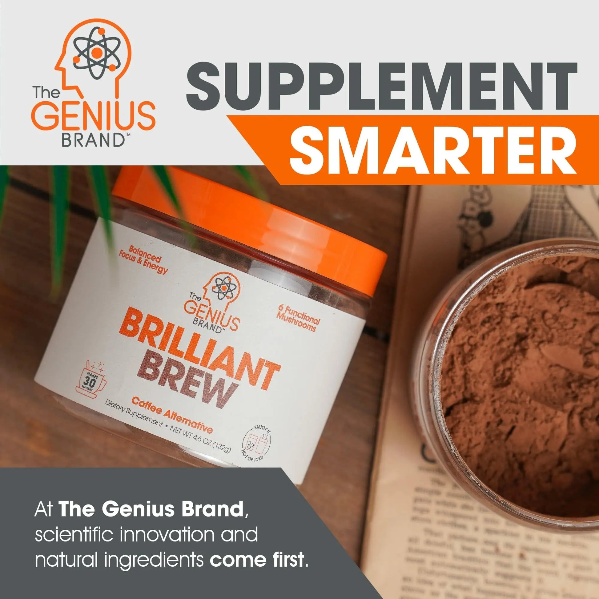 The Genius Brand Genius Brilliant Brew - Natural Coffee Substitute for Clear Thinking, Energy & Immune Support - No Crash or Jitters - Powered by Nootropics - Non-GMO - 30 Servings - Sweet Cocoa The Genius Brand Au supplements