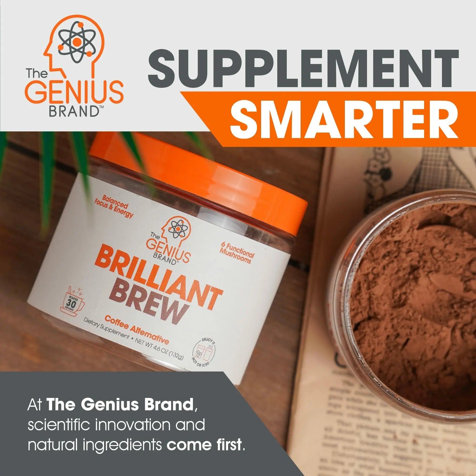 The Genius Brand Genius Brilliant Brew - Natural Coffee Substitute for Clear Thinking, Energy & Immune Support - No Crash or Jitters - Powered by Nootropics - Non-GMO - 30 Servings - Sweet Cocoa The Genius Brand Au supplements