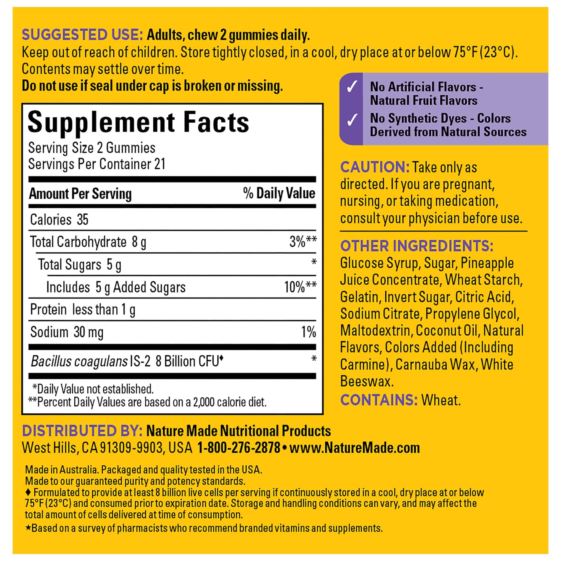 Nature Made Probiotics Extra Strength Dosage, Probiotics for Women and Men 8 Billion CFU per 2 Gummies, 42 Probiotic Gummies, 21 Day Supply Nature Made Au supplements
