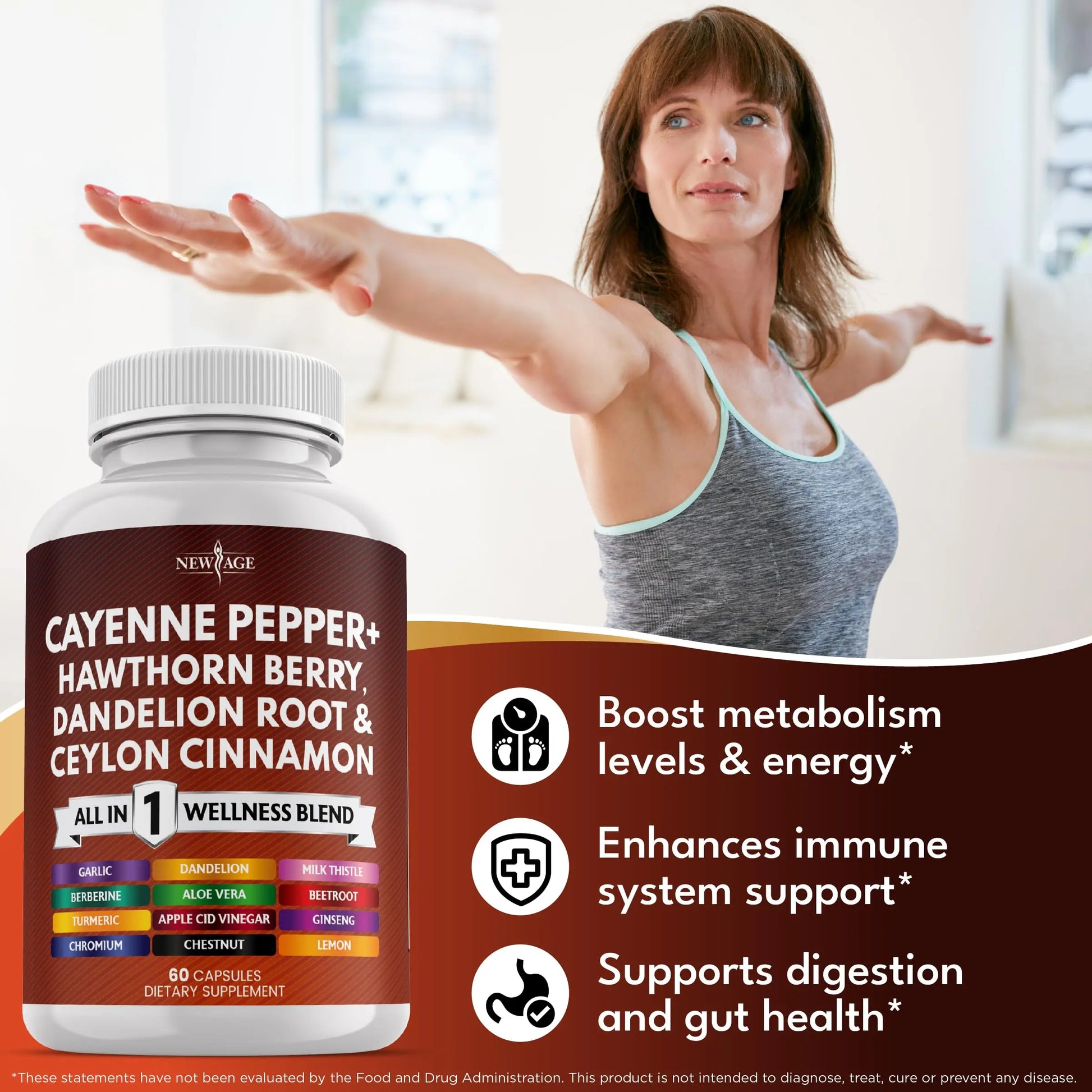 NEW AGE Cayenne Pepper Capsules Supplement with Hawthorn Berry, Dandelion Root, Ceylon Cinnamon, Garlic, Ginger, ACV, Milk Thistle, Beet Root, Aloe Vera - 120 Count NEW AGE Au supplements
