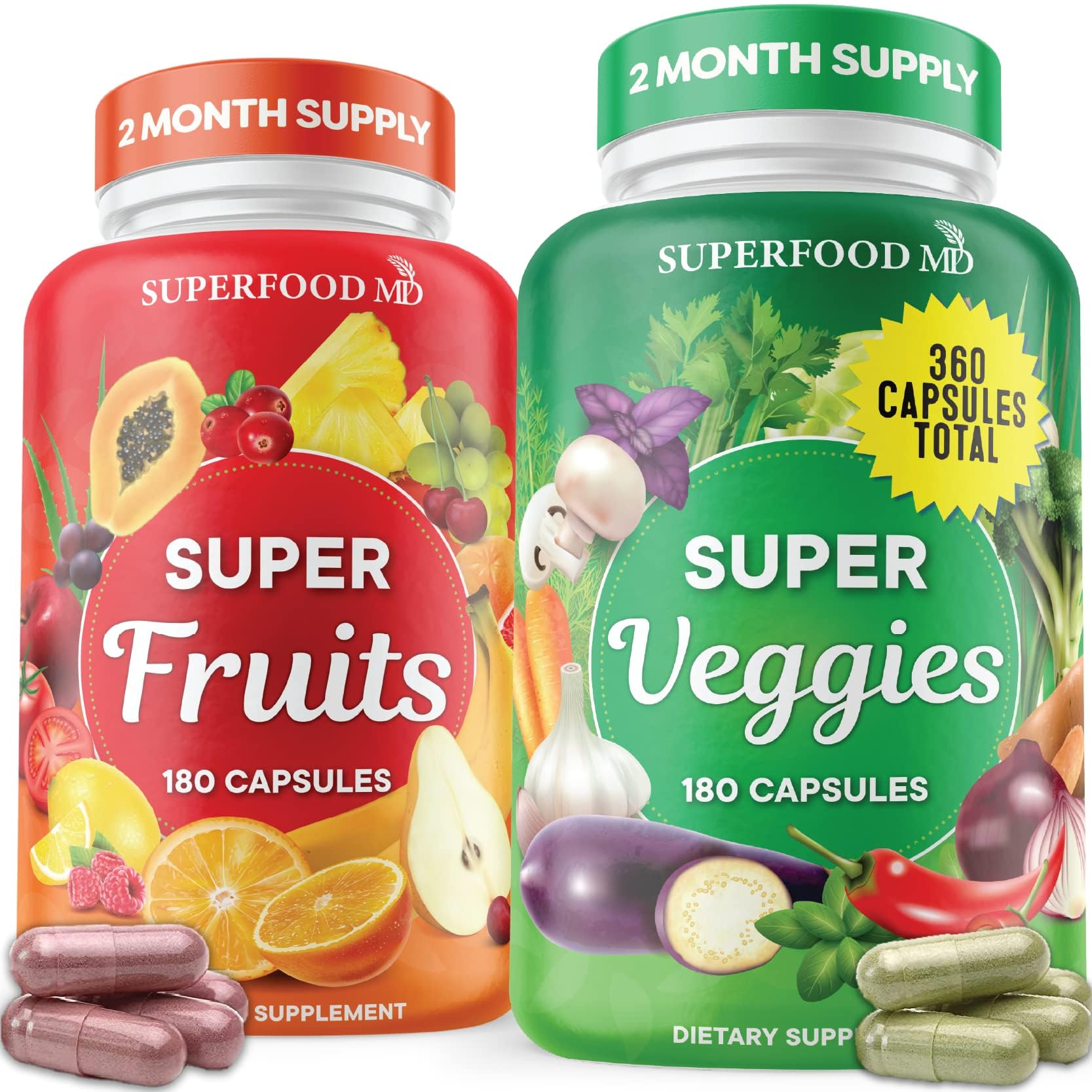 Superfood Fruit and Veggie Supplement - 360 Whole Super Fruit and Vegetable Supplements & Vitamin with Beta-Carotene, Soy Free- 180 Count (Pack of 2) Superfood MD Au supplements