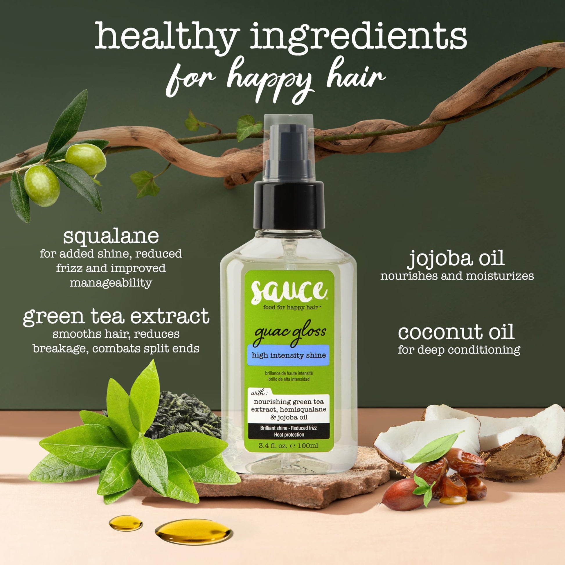 SAUCE BEAUTY Guac Hair Gloss, 3 Fl Oz High Intensity Shine, Jojoba Oil, Green Tea Extract & Squalane to Smooth, Boost Shine & Control Frizz for Sleeker, Softer, More Manageable Hair, Vegan Formula SAUCE BEAUTY Au supplements