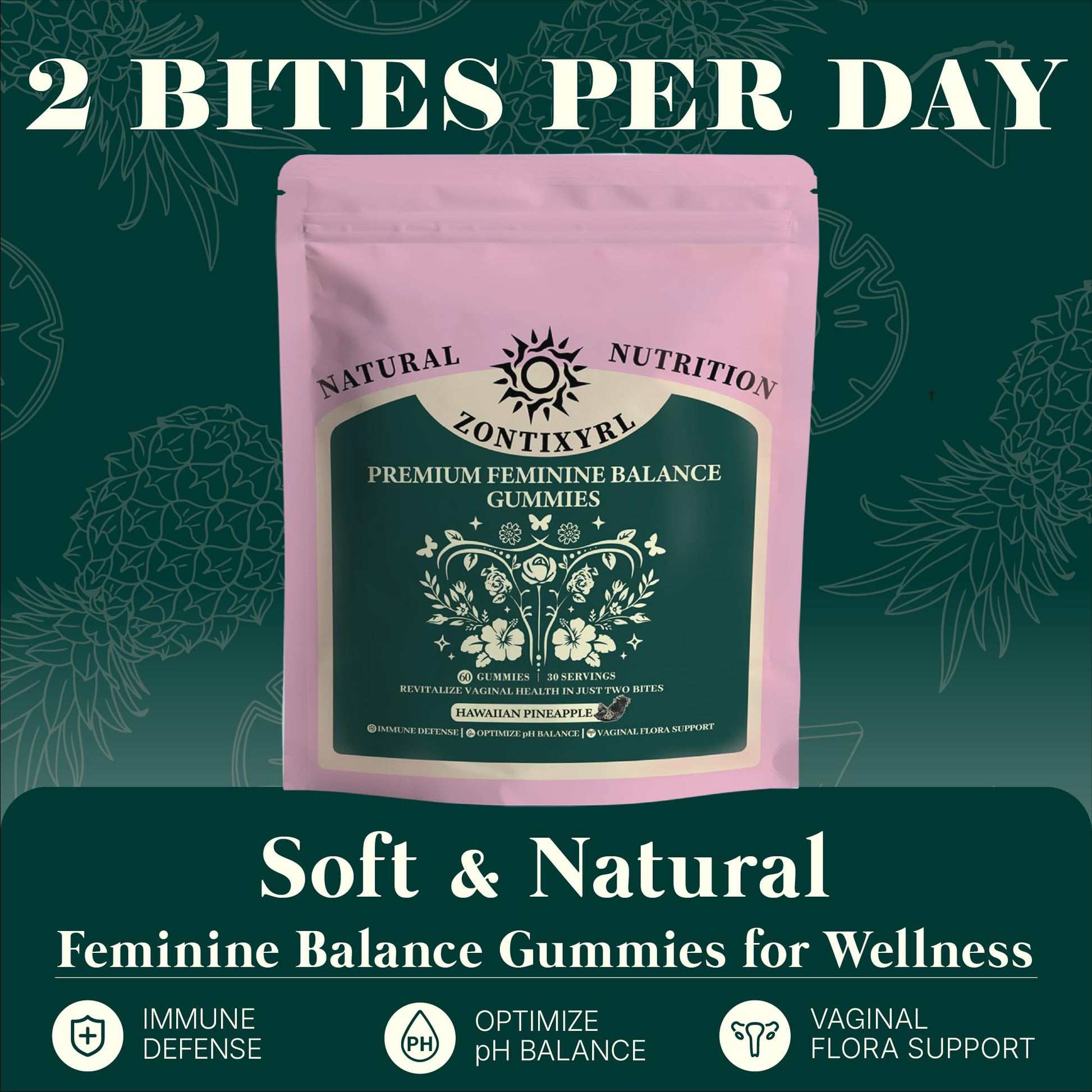 Zontixyrl Premium Feminine Balance Gummies Women - Pineapple Gummies for Women pH Probiotic and Immune Support Vegan Gluten Free 60 Gummies 30 Servings Zontixyrl Au supplements