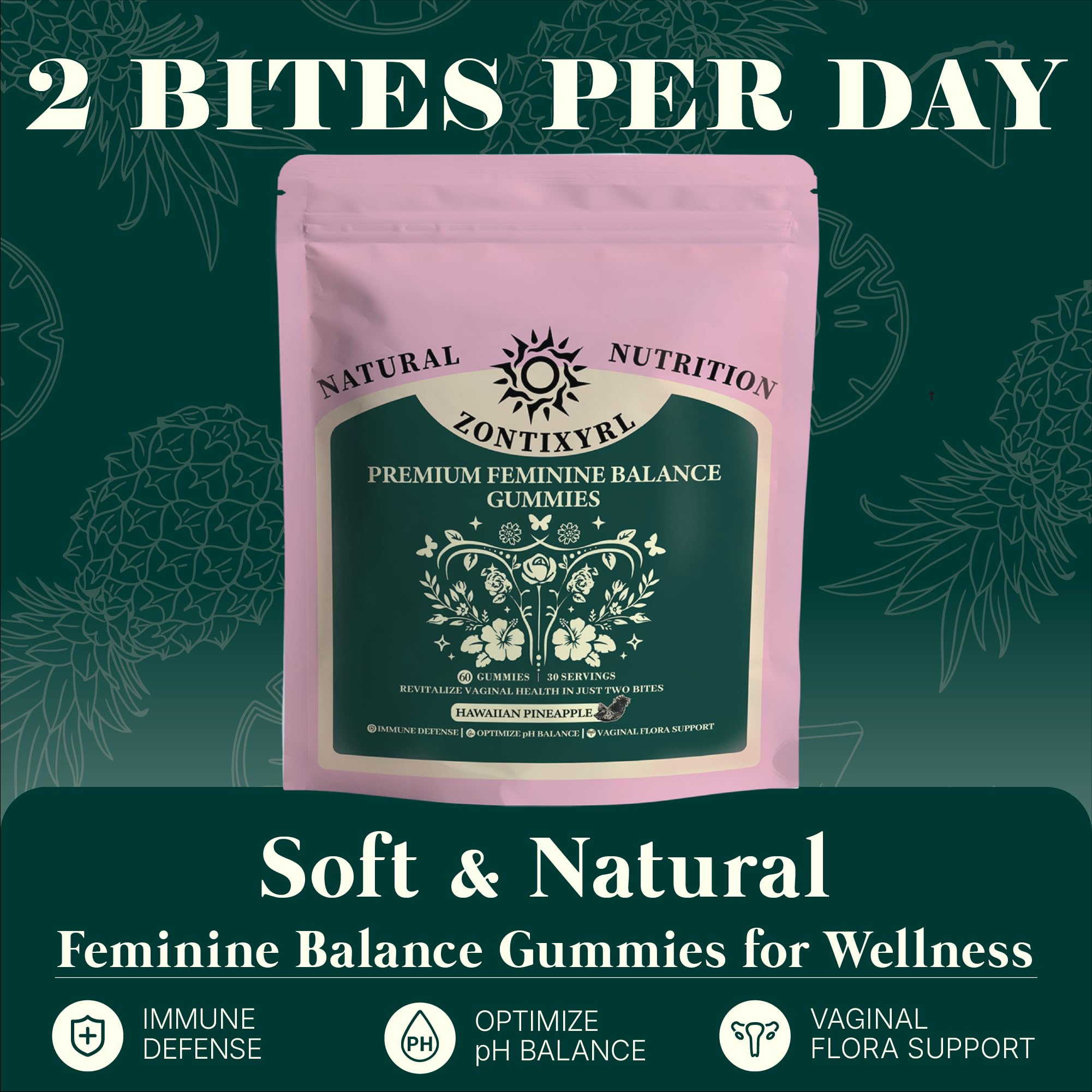 Zontixyrl Premium Feminine Balance Gummies Women - Pineapple Gummies for Women pH Probiotic and Immune Support Vegan Gluten Free 60 Gummies 30 Servings Zontixyrl Au supplements