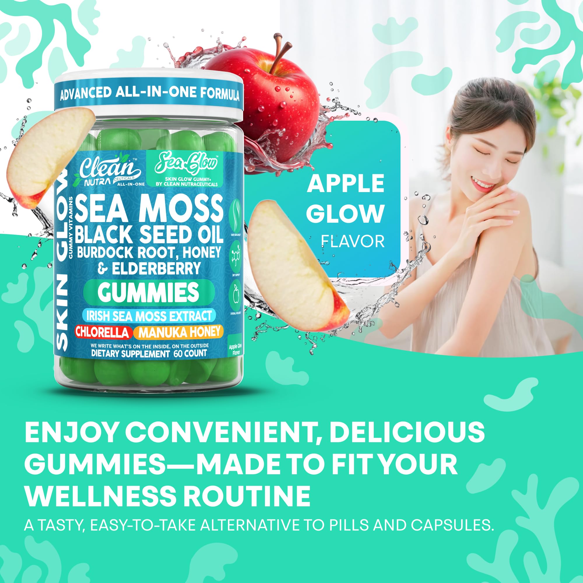 Clean Nutra Sea Moss Gummies Black Seed Oil Chlorella Ashwagandha Root Hair Growth Skin Glow Irish Sea Moss Elderberry Burdock Manuka Honey Trace Minerals Detox 60 Gummy Vitamins Sea Glow Supplement Clean Nutraceuticals Au supplements