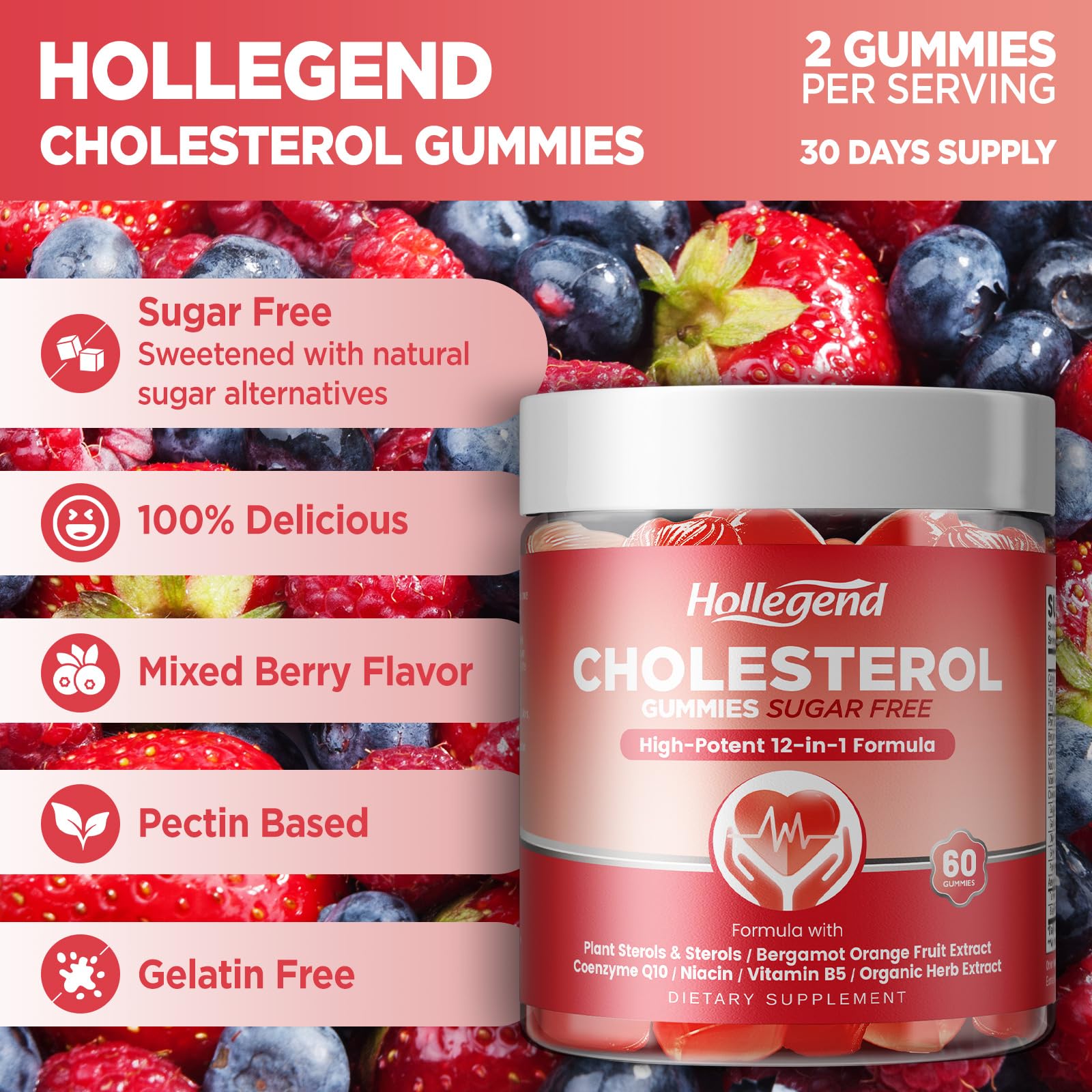 HOLLEGEND Cholesterol Supplements Gummies Sugar Free, 1500mg Plant Sterols for Cholesterol Health, Plus Citrus Bergamot, CoQ10 & Vitamins for Heart Health, Vegan, Mixed Berry Flavor, 60 Chewables HOLLEGEND Au supplements
