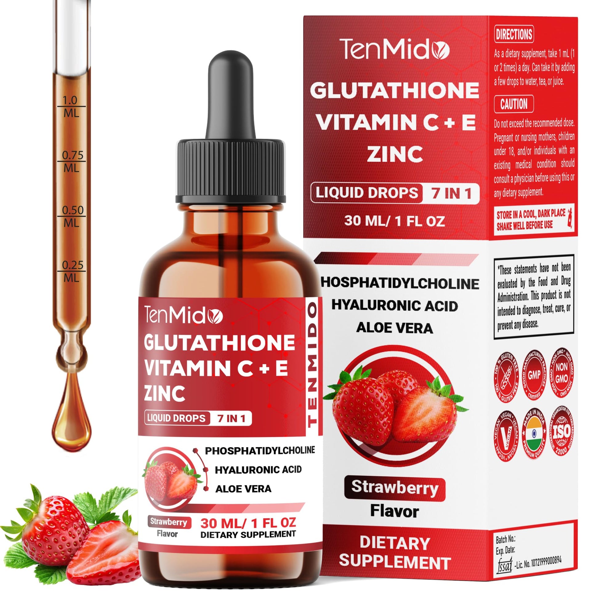 Tenmido Liposomal Glutathione Supplement - 7in1 Liquid Drops with Zinc, Vitamin C, Vitamin E, Phosphatidylcholine, Hyaluronic Acid, and Aloe Vera - Vegan, Non-GMO - 30ml 1 Fl Oz Tenmido Au supplements