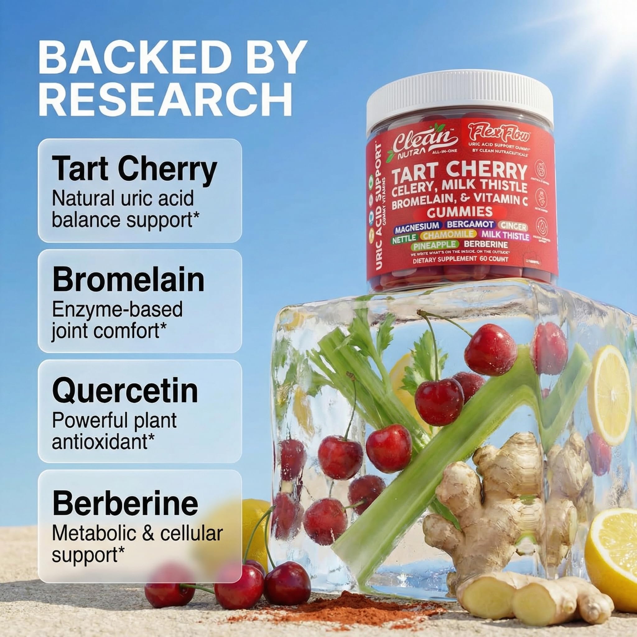 Clean Nutra Tart Cherry Gummies Uric Acid Flush Celery Milk Thistle Bromelain Vitamin C Magnesium Citrus Bergamot Ginger Stinging Nettle Leaf Chamomile Berberine Quercetin Support 60 Gummy Vitamins Clean Nutraceuticals Au supplements