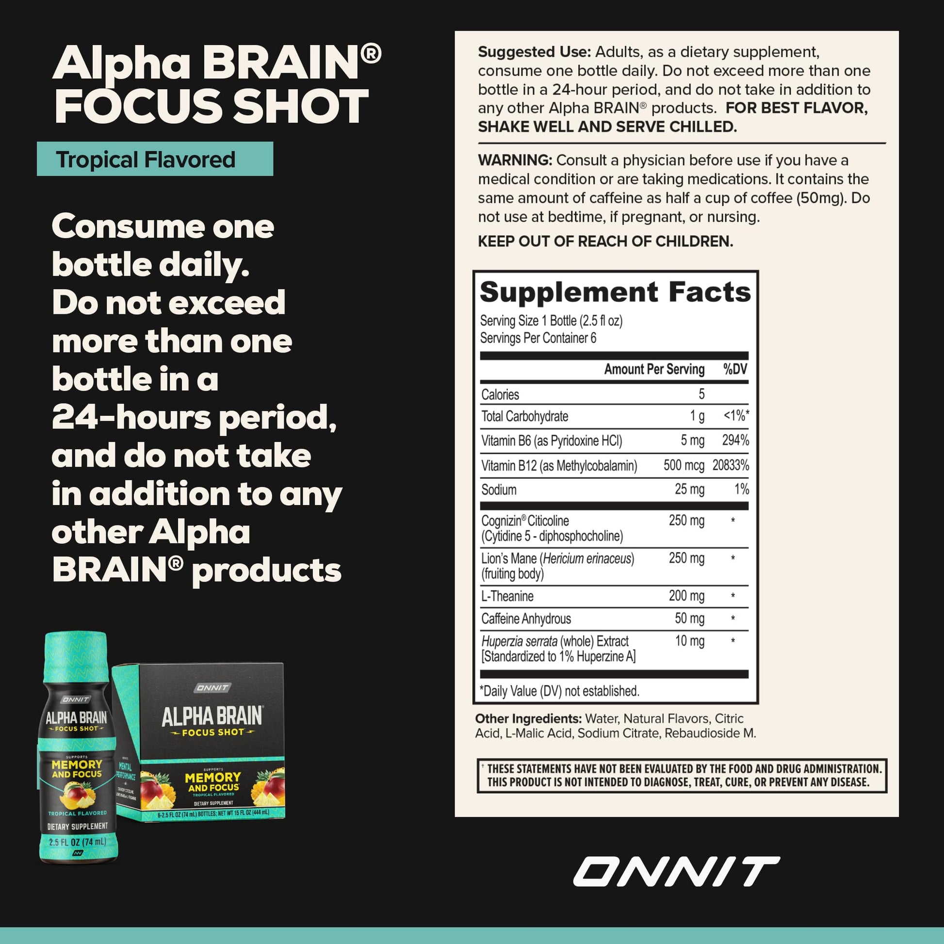 ONNIT Alpha Brain Focus Shot, Tropical Flavor, Nootropic Dietary Supplement Drink That Supports Energy, Focus, and Mood, IGEN™ Non-GMO Tested, 2.5 fl oz, 6 Count ONNIT Au supplements