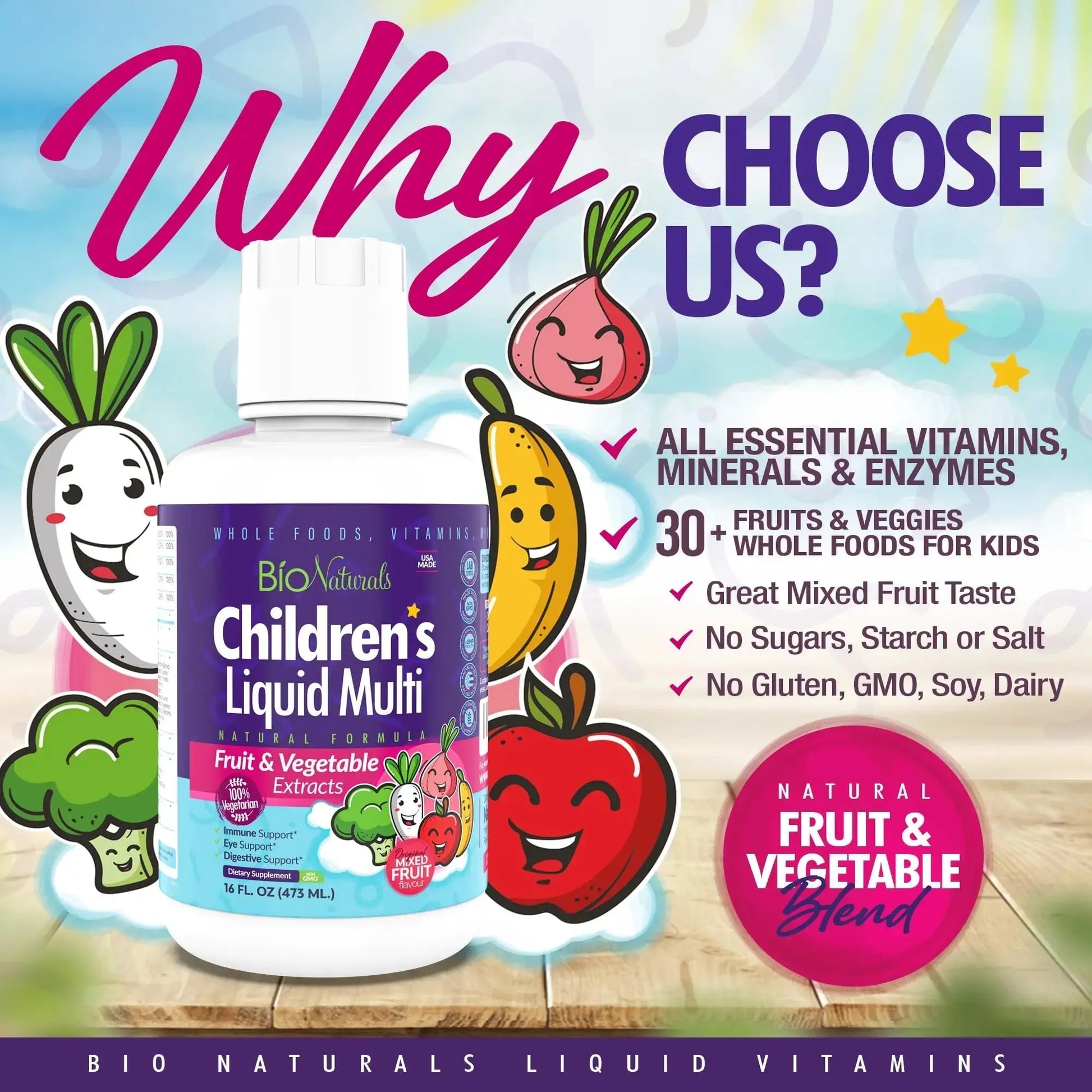 Bio Naturals Children's Liquid Multivitamin & Immune Booster - Natural Supplement for Kids & Toddlers with Vitamins A B C D3 E, Fiber Bio Naturals Au supplements