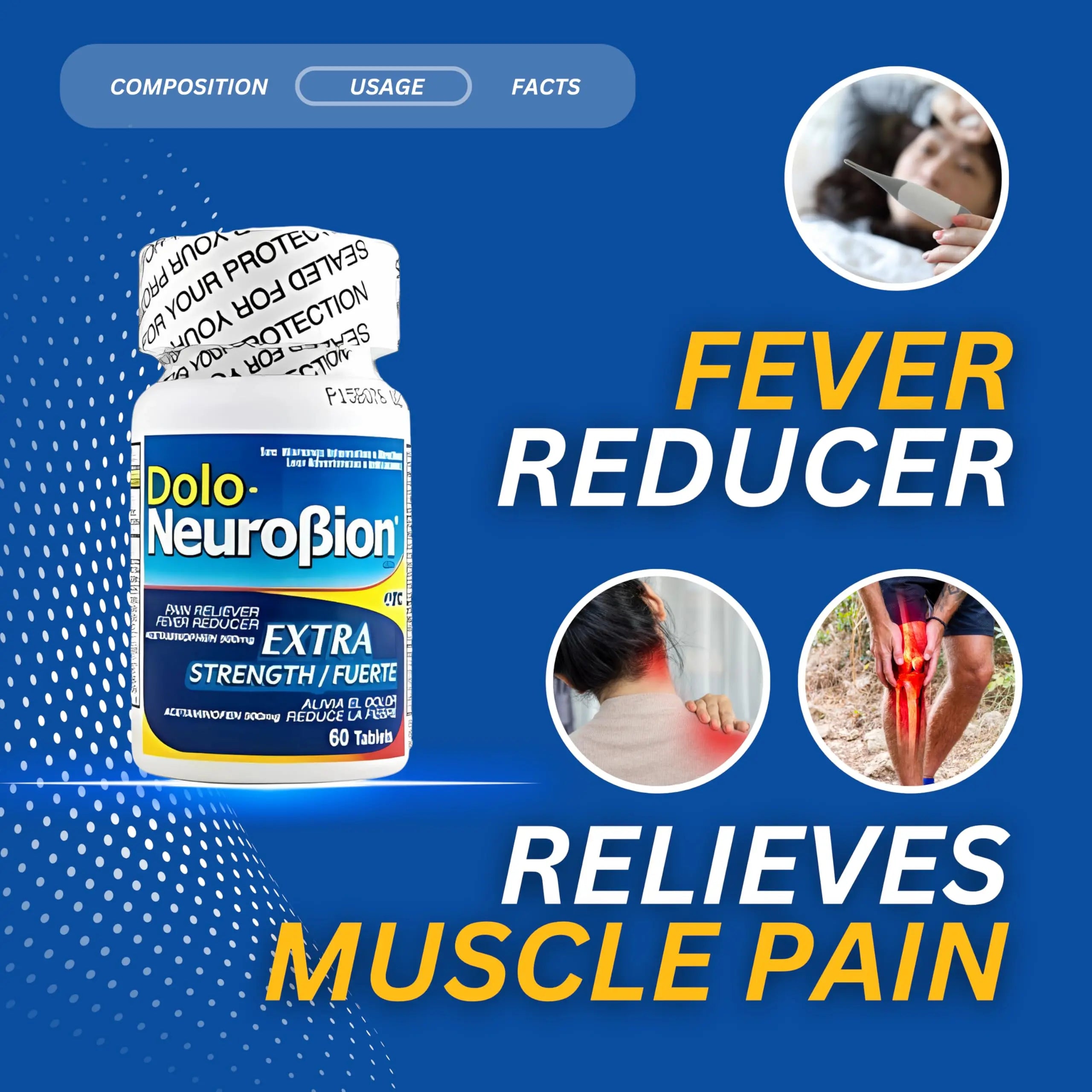 Dolo Neurobion Pain Reliever, Fever Reducer, Extra Strength. Alivia el Dolor,Reduce la Fiebre, Extra Fuerte. 60 Tablets. Acetaminophen 500 mg Neurobion Au supplements