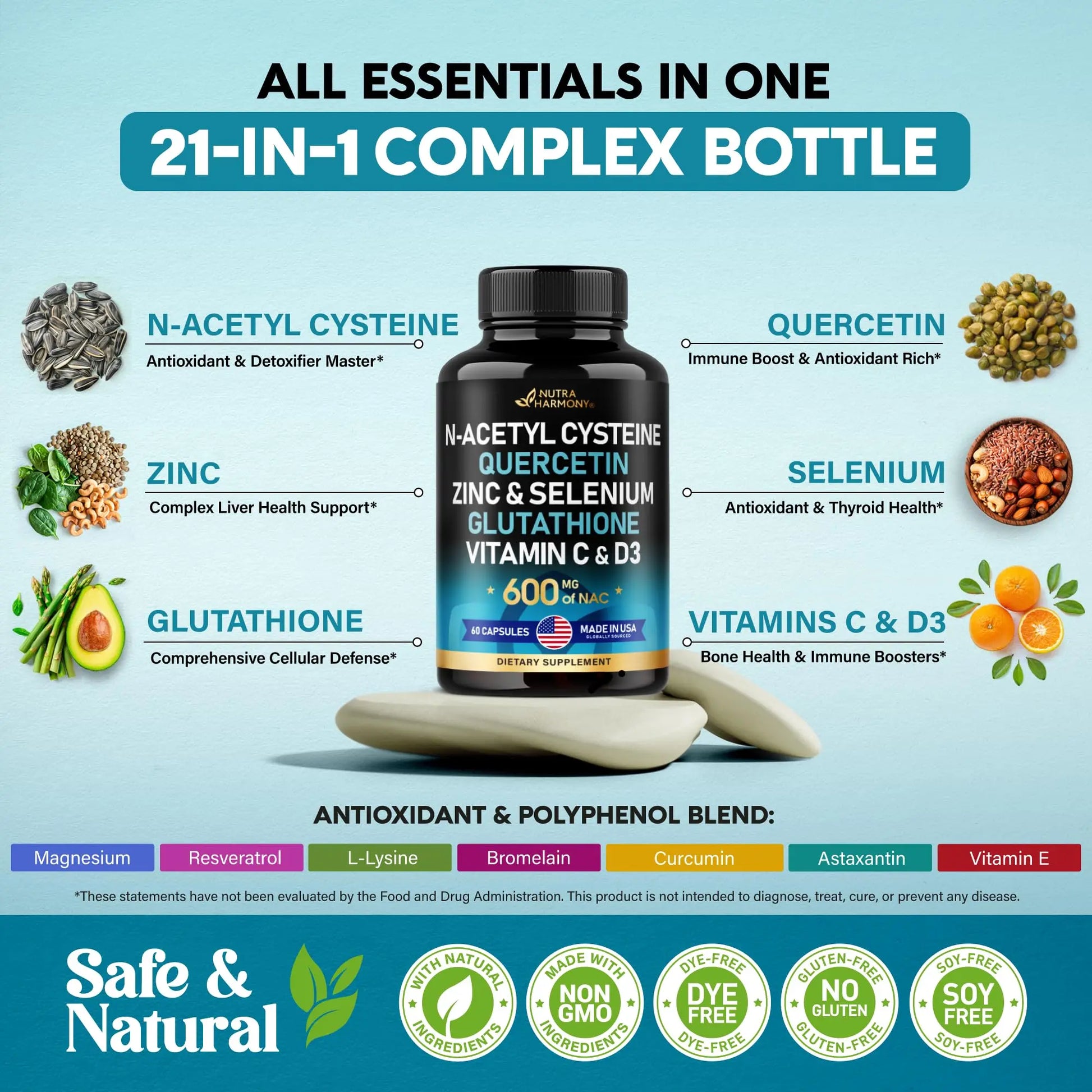 NAC 600 mg Supplement | Quercetin | Zinc | Glutathione | Selenium | Vitamin C & D3 NUTRAHARMONY Au supplements
