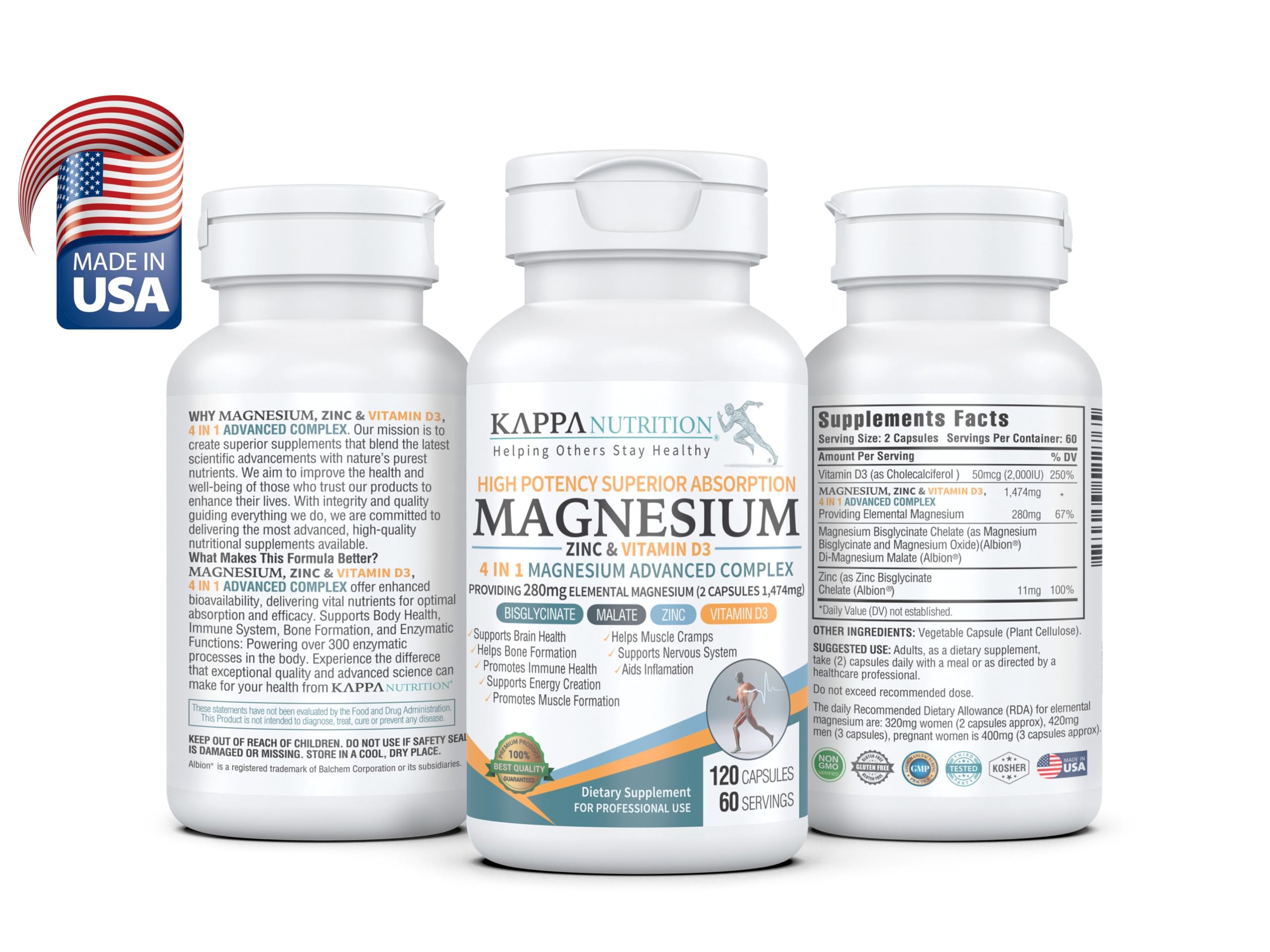 Kappa Nutrition Magnesium 4-in-1, 280mg Elemental Magnesium (Bisglycinate, Malate) + Zinc & Vitamin D3, Brain, Sleep, Energy, Muscle, Immune Support, 120 Vegan Capsules. KAPPA NUTRITION Au supplements