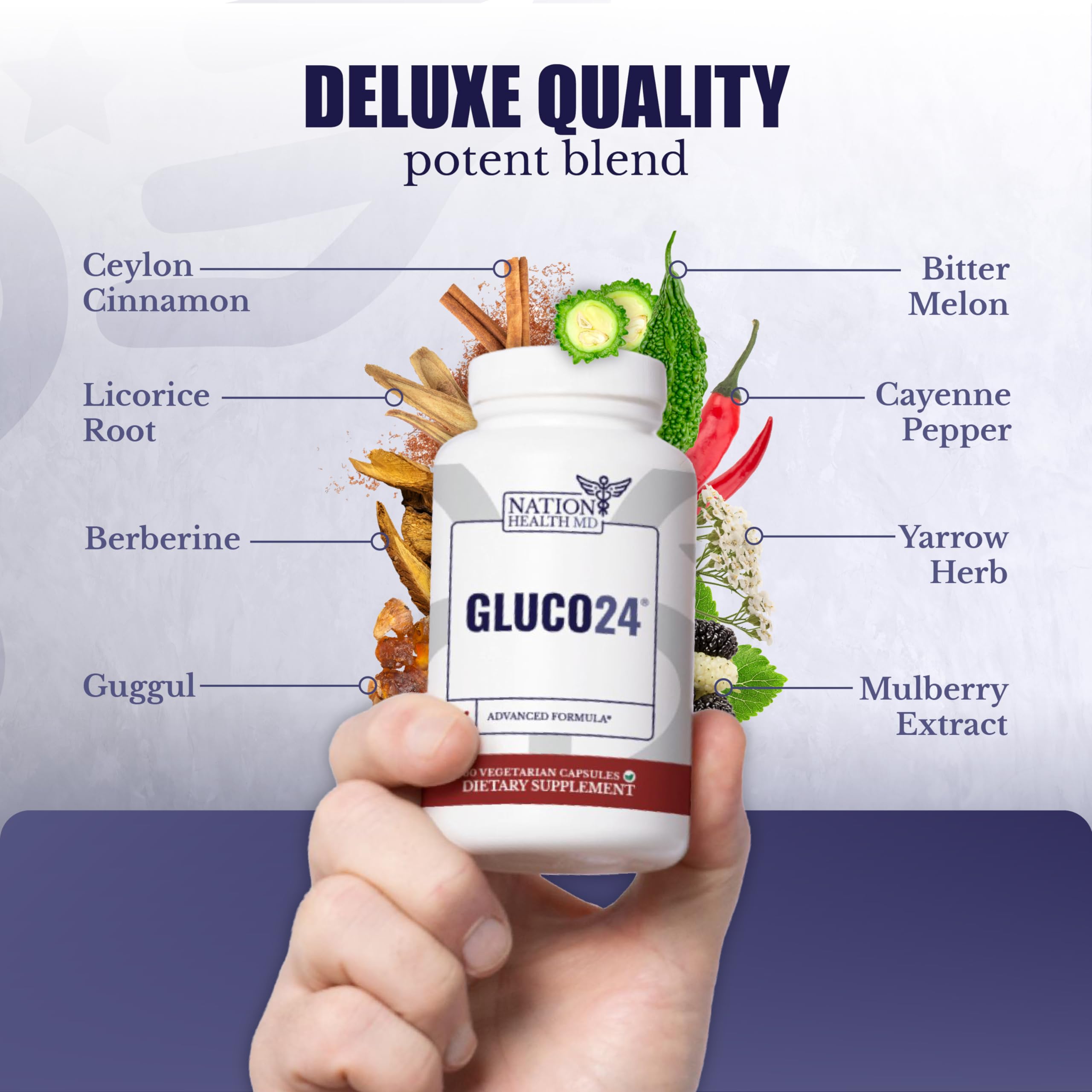 NATION HEALTH MD Gluco24 Advanced Formula - Dietary Supplement with Ceylon Cinnamon Bark Extract, Berberine HCI, Magnesium & Zinc - 60 Capsules NATION HEALTH MD Au supplements